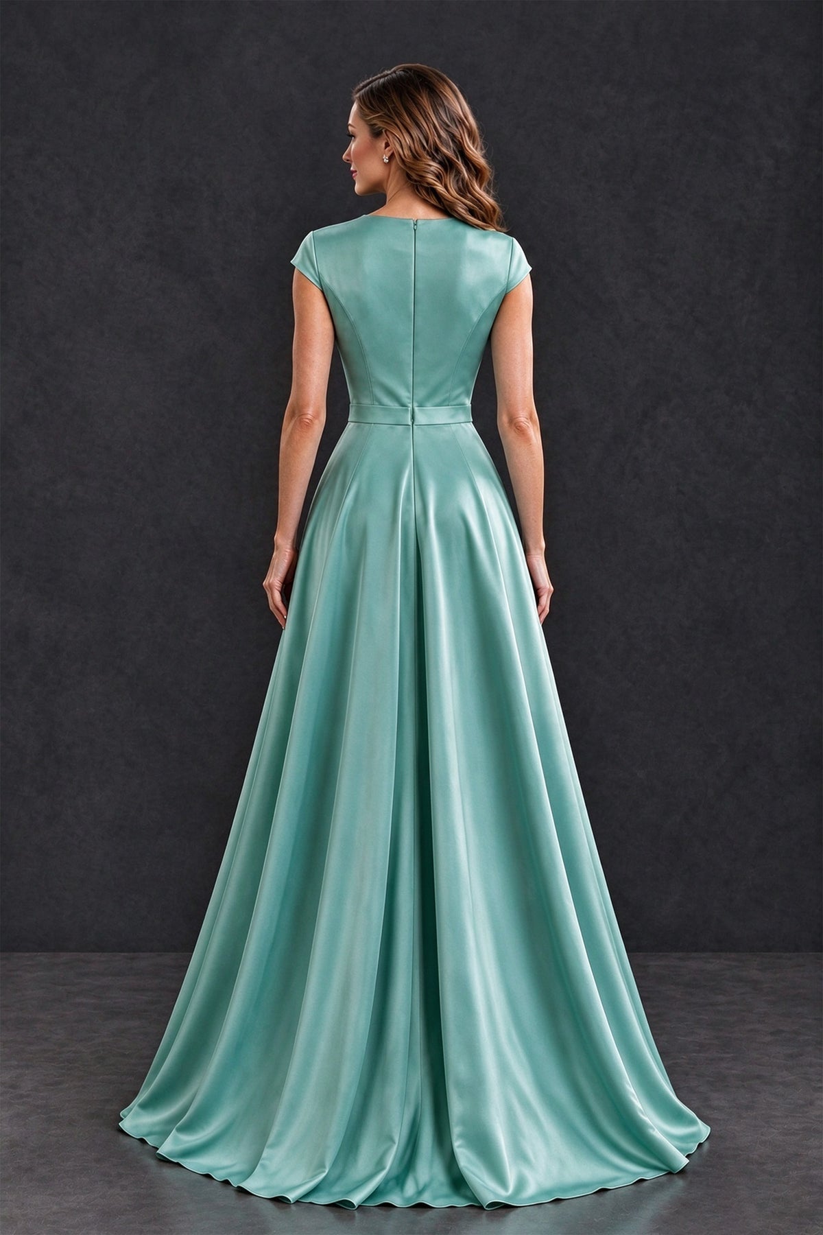 BOLODOO Green Satin and Lace V-Neck Mother of the Bride Dress - Green - Green (2)