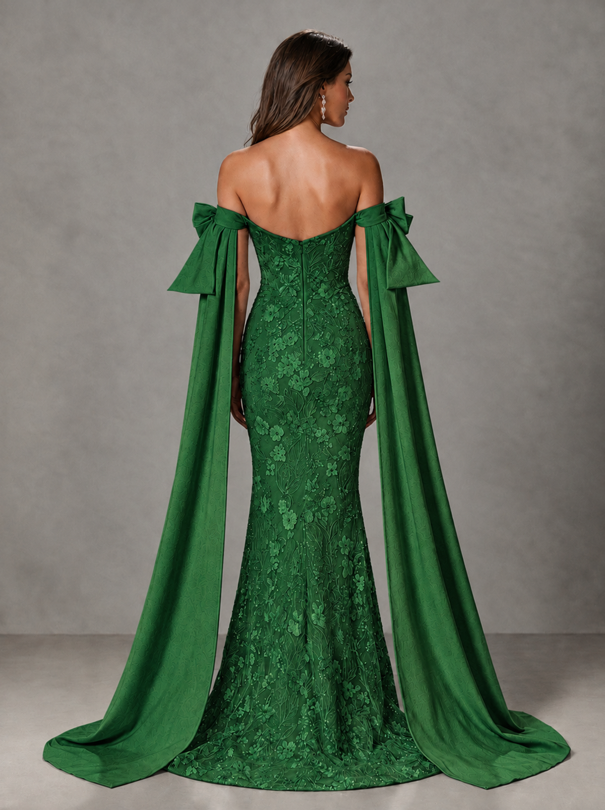 BOLODOO Green Floral Lace Mermaid Prom Dress with Off-Shoulder Bows - Green - Green (2)
