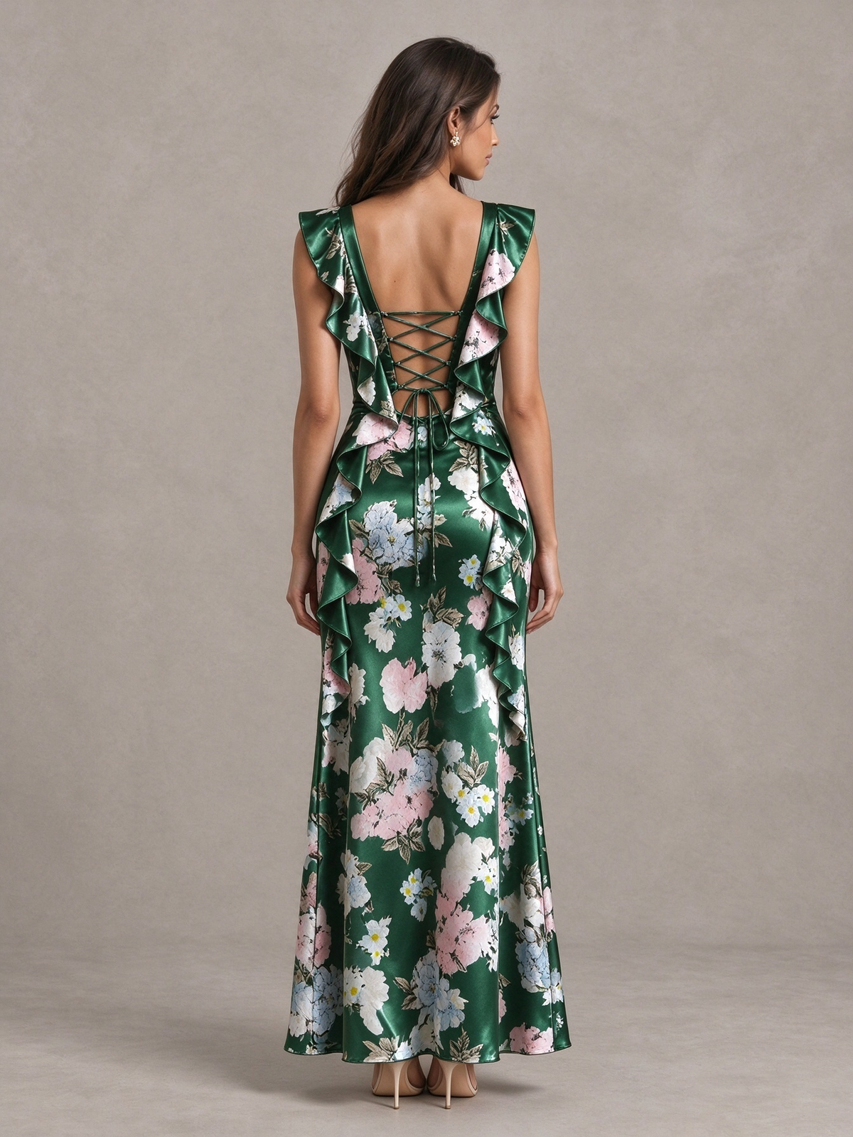 BOLODOO Green Floral Ruffle Lace-Up Bridesmaid Maxi Dress - Green - Green (2)