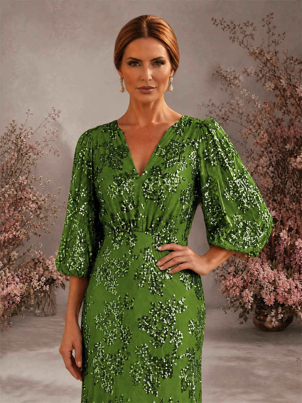 BOLODOO Green V-Neck Lantern Sleeve All-Over Sequin Floral Embroidered Mermaid Gown - Green