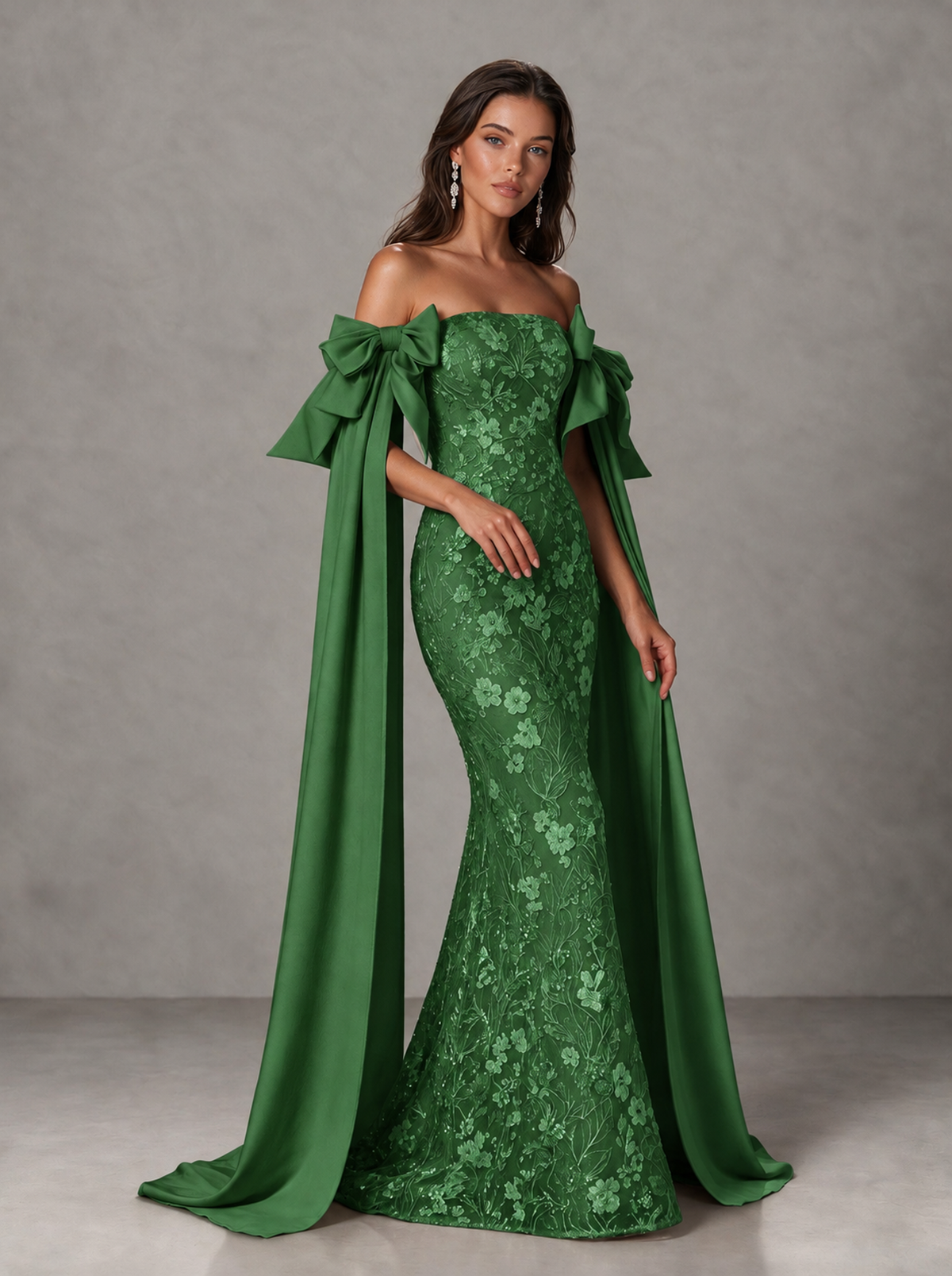 BOLODOO Green Floral Lace Mermaid Prom Dress with Off-Shoulder Bows - Green - Green (3)