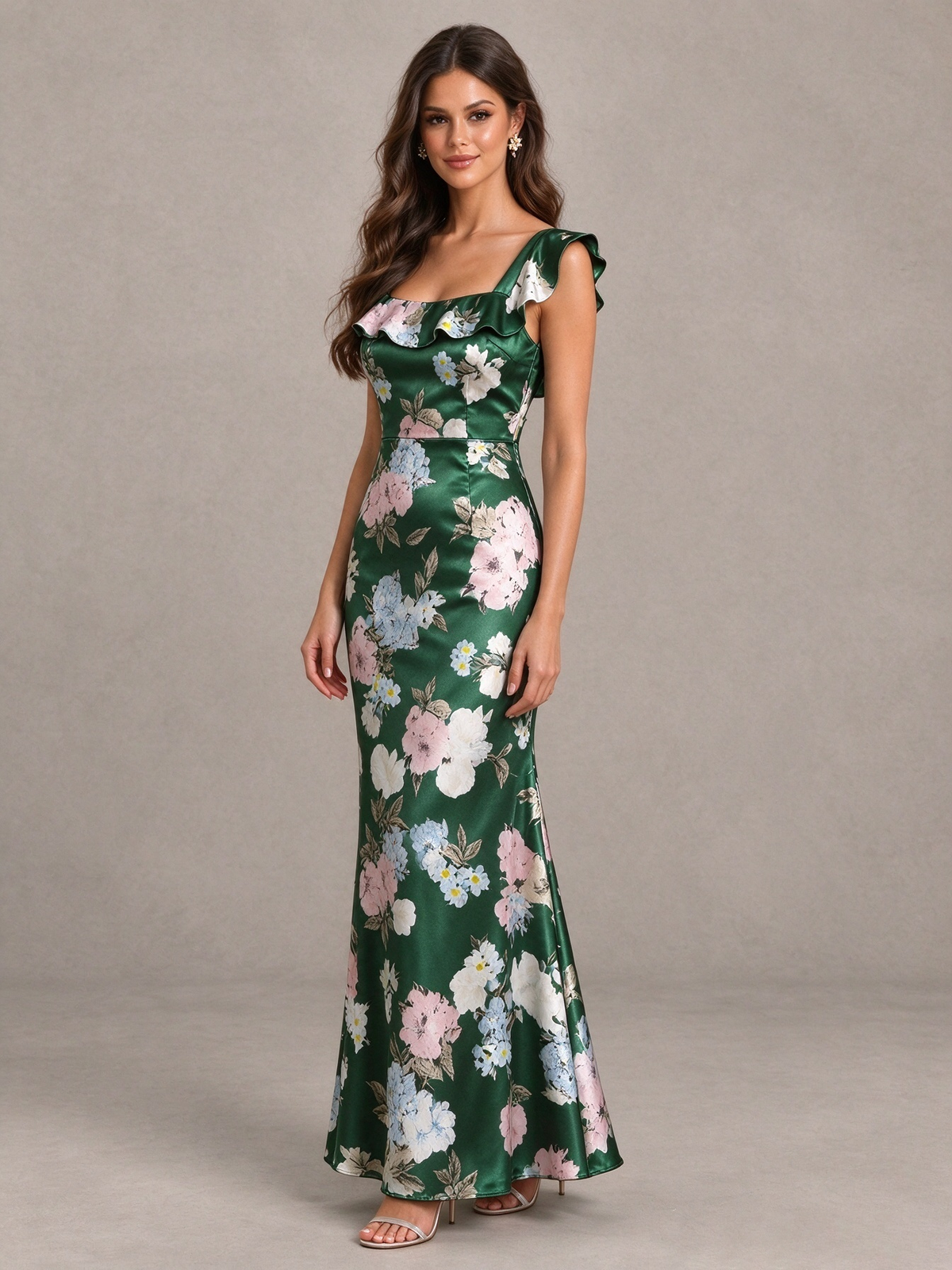 BOLODOO Green Floral Ruffle Lace-Up Bridesmaid Maxi Dress - Green - Green (4)