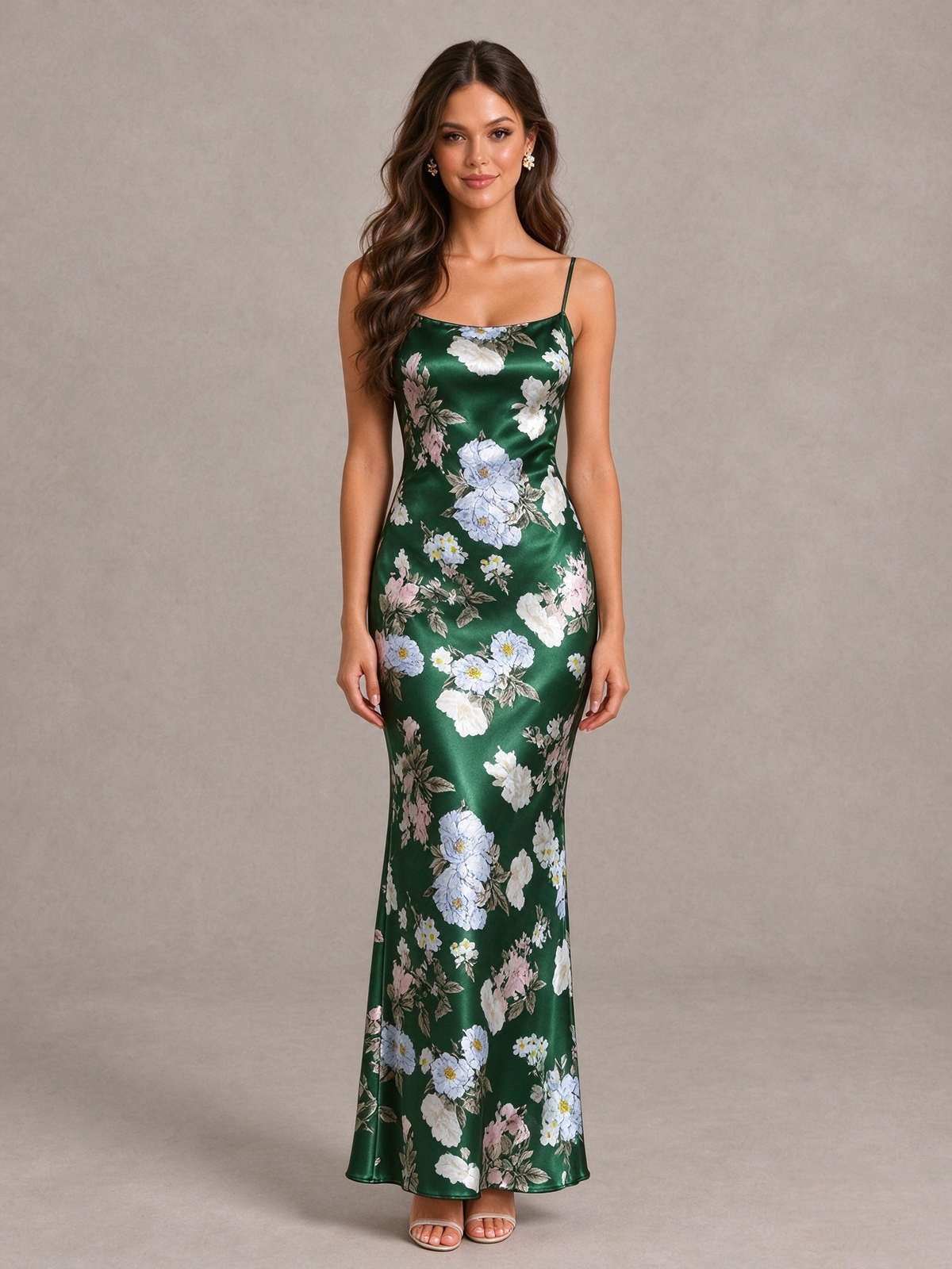 BOLODOO Green Floral Satin Bridesmaid Dress with Cowl Back - Green - Green (4)