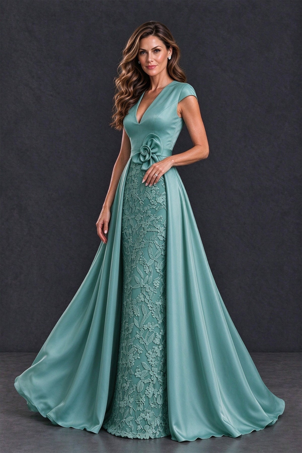 BOLODOO Green Satin and Lace V-Neck Mother of the Bride Dress - Green - Green (4)