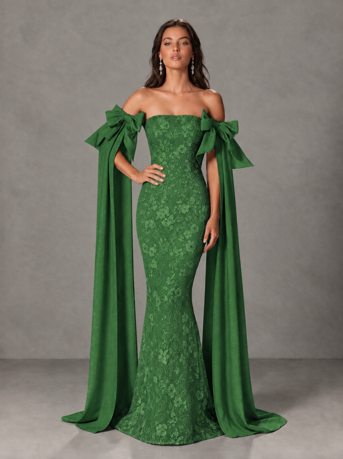 BOLODOO Green Floral Lace Mermaid Prom Dress with Off-Shoulder Bows - Green - Green (4)