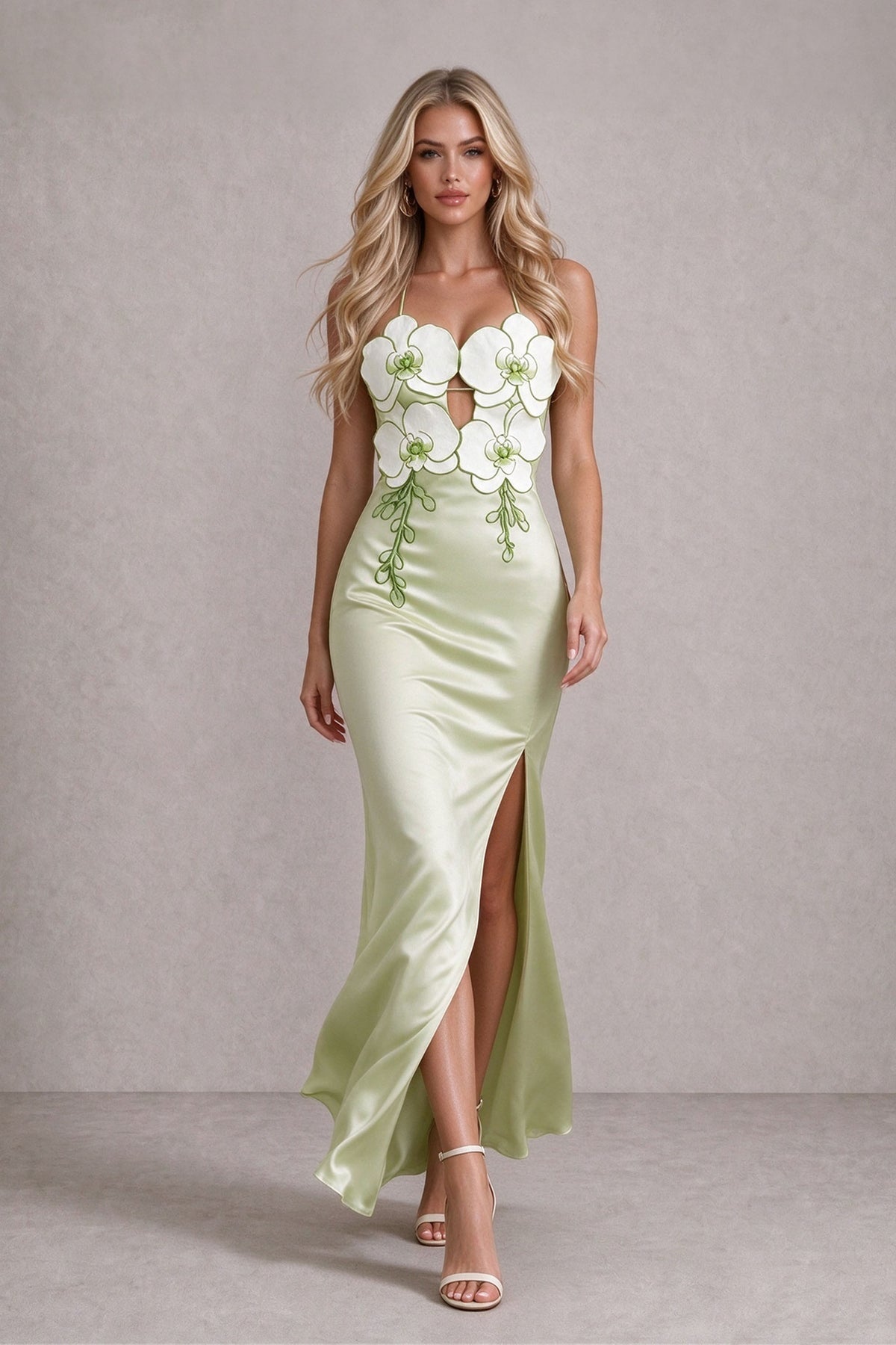 BOLODOO Green Orchid Floral Open-Back High-Slit Evening Dress - Green - Green (4)