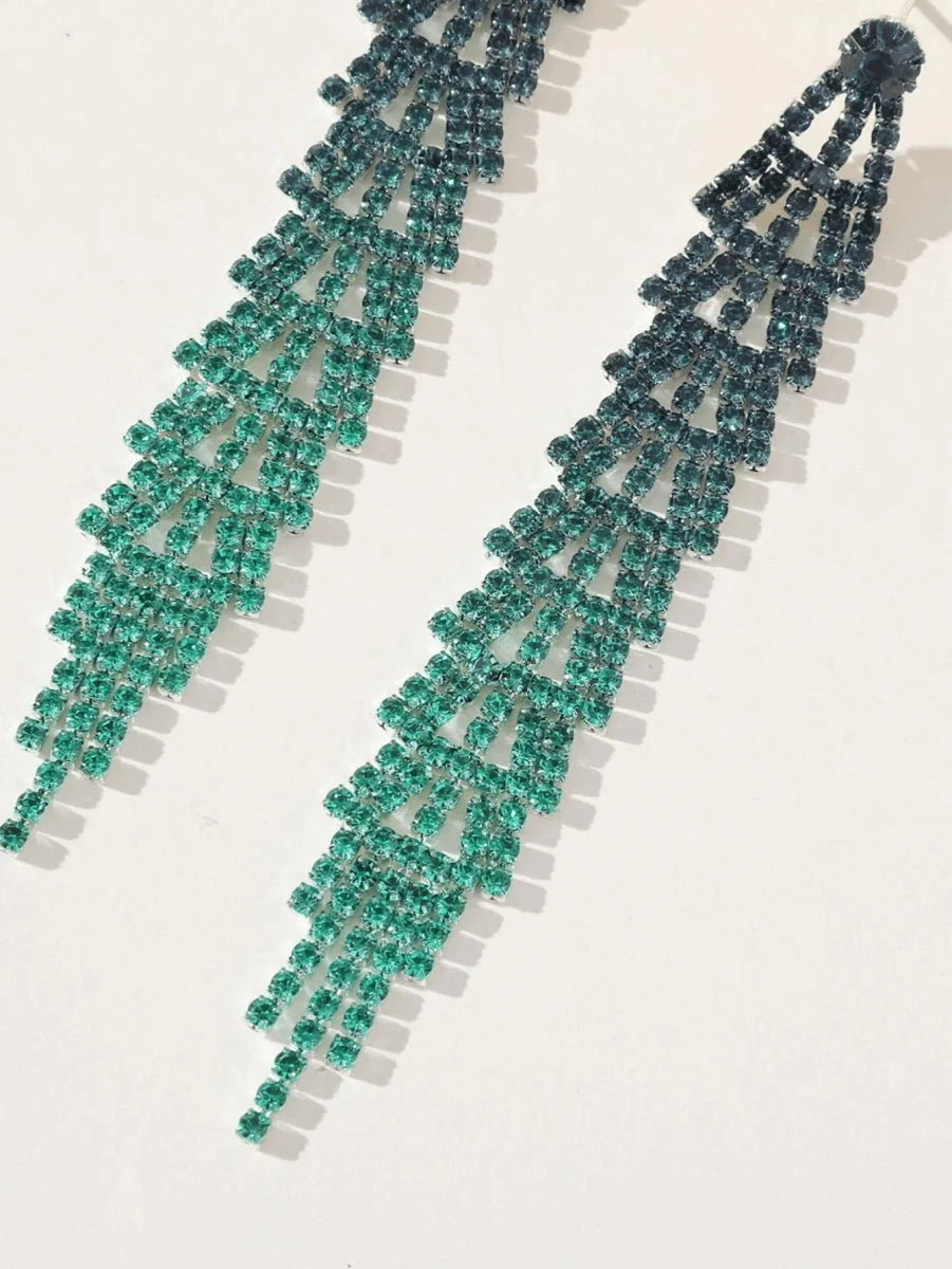 Green Gradient Rhinestones Tassel Long Chain Earrings