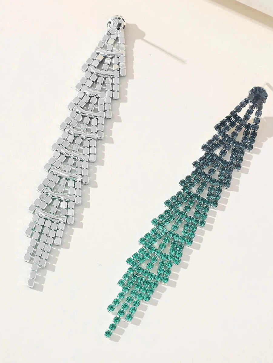 Green Gradient Rhinestones Tassel Long Chain Earrings