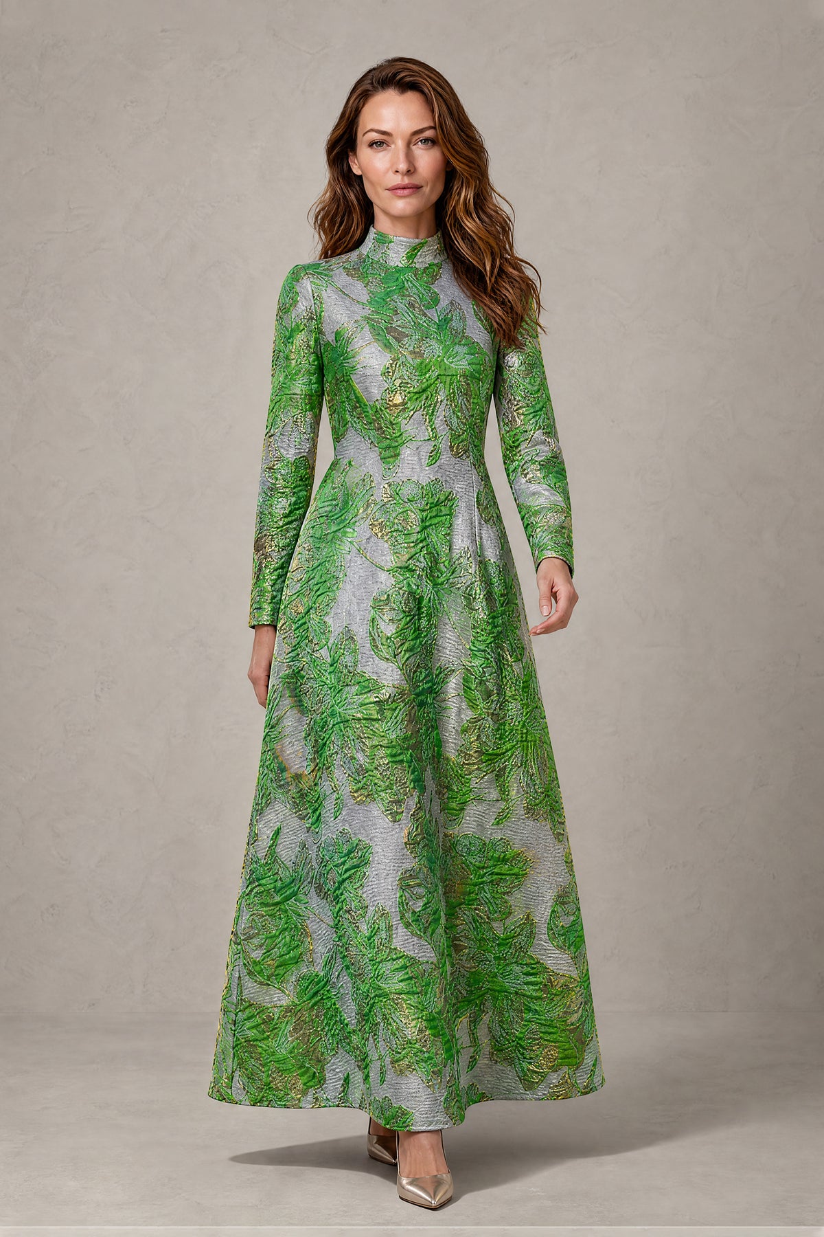 BOLODOO green botanical textured high-neck long-sleeve maxi dress front view