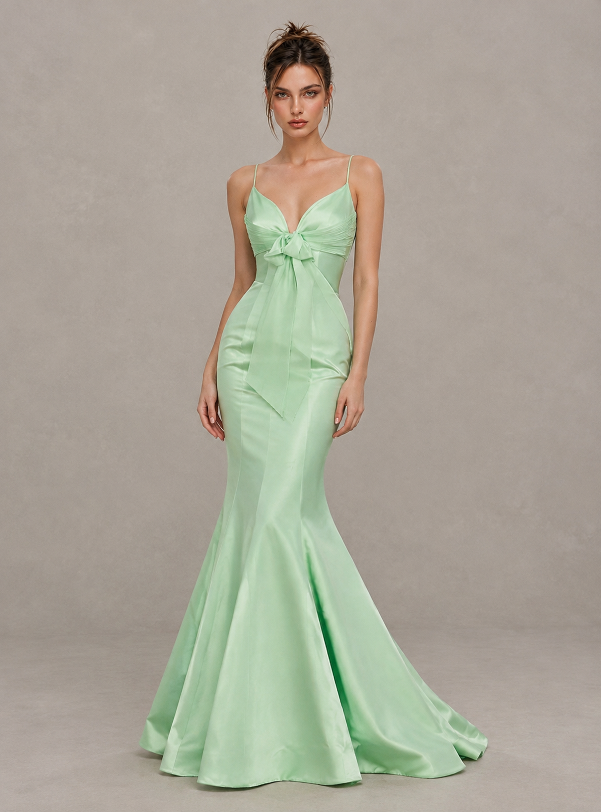 BOLODOO Mint Green Satin-Look Mermaid Prom Dress with Bow 