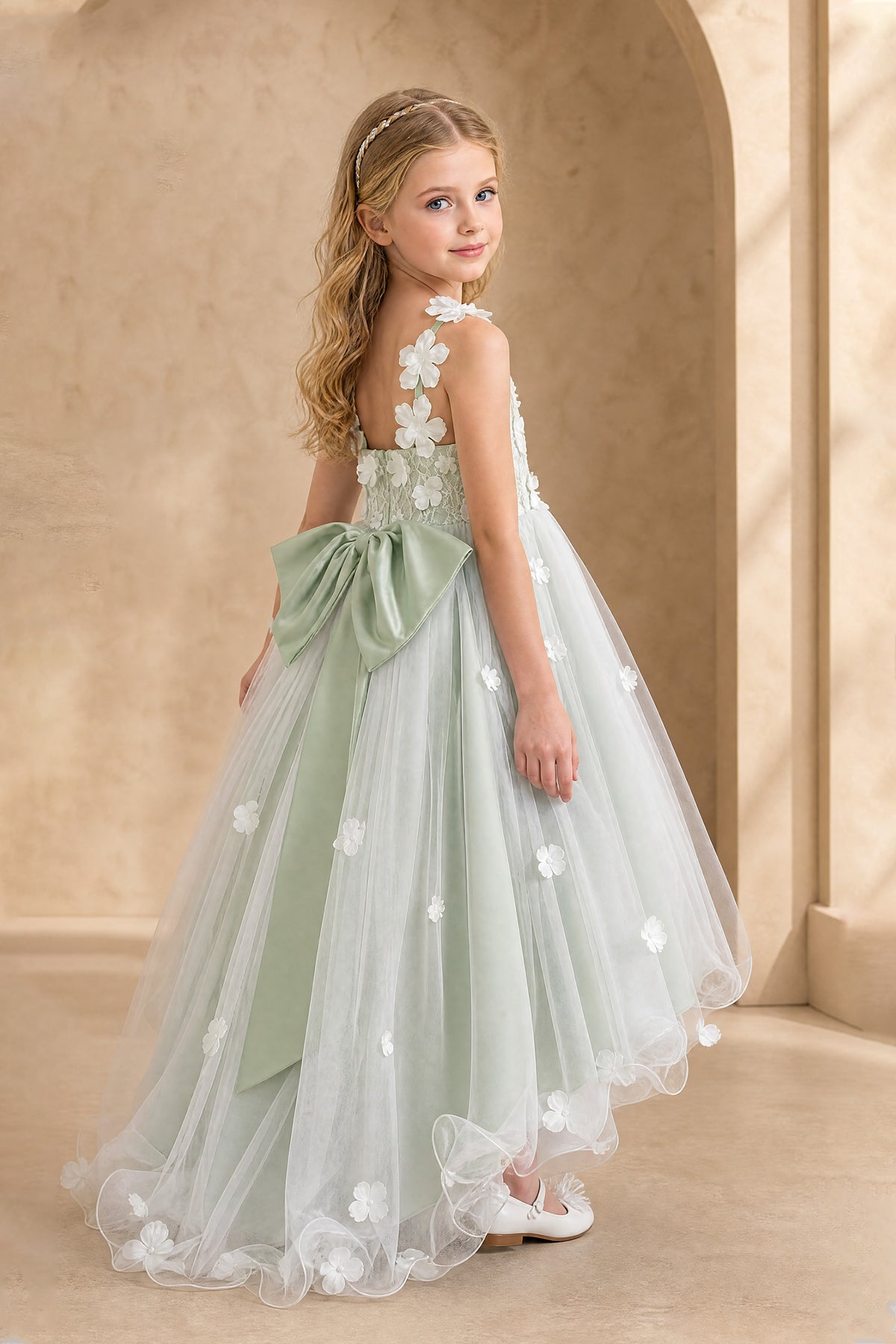 BOLODOO sage green flower girl dress with floral appliqué and high-low tulle skirt, front view
