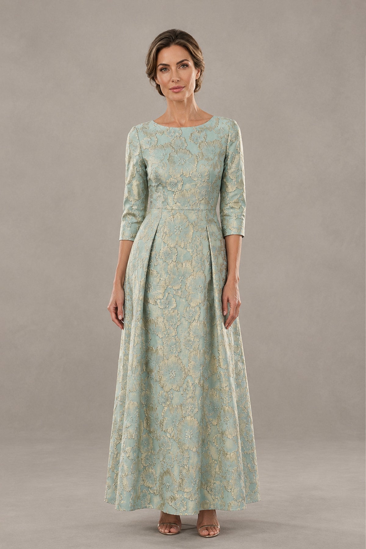 BOLODOO sage green floral jacquard A-line midi dress front view with three-quarter sleeves