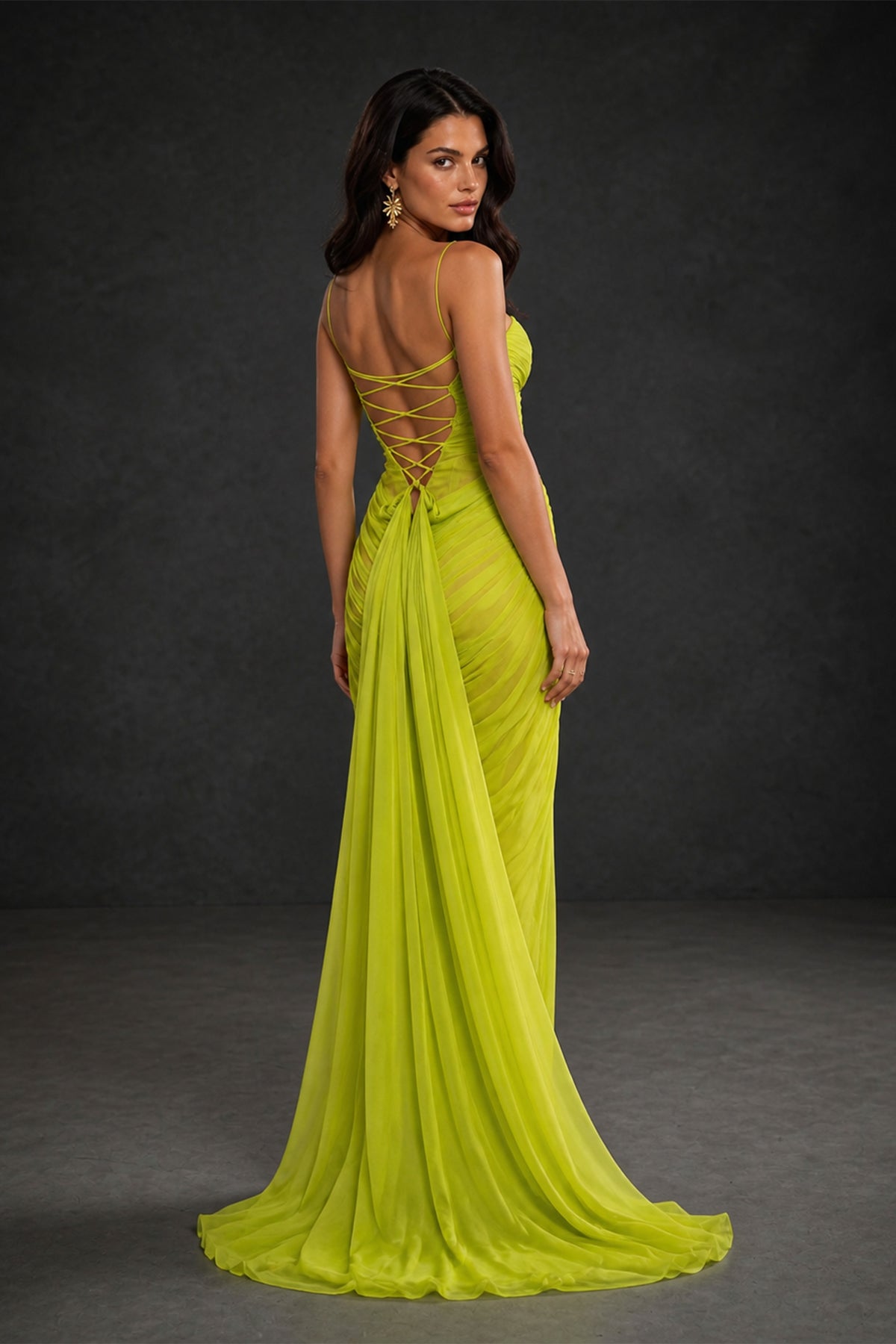 BOLODOO Chartreuse Pleated Chiffon Corset Maxi Gown - Full Length Front