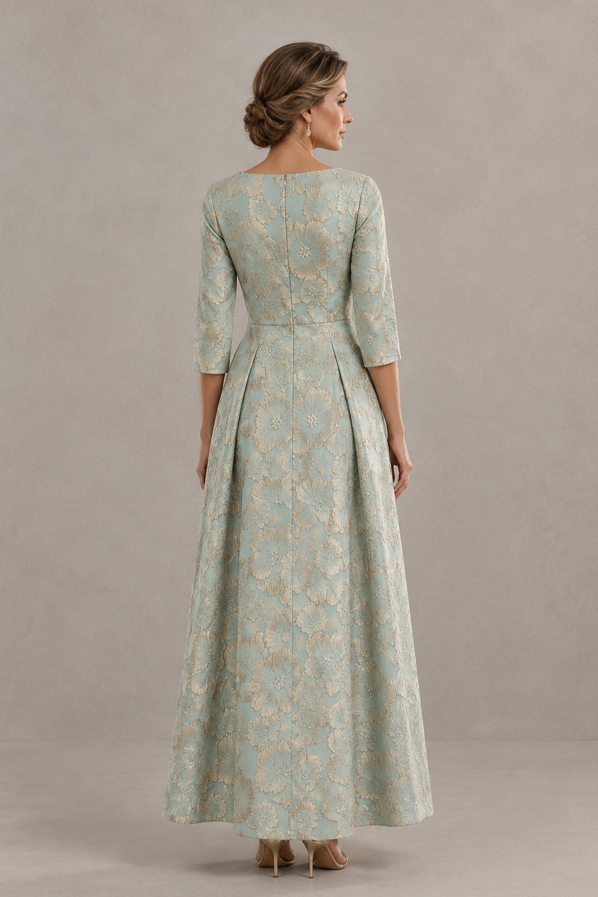 BOLODOO sage green floral jacquard tea-length dress alternate front view with textured floral pattern