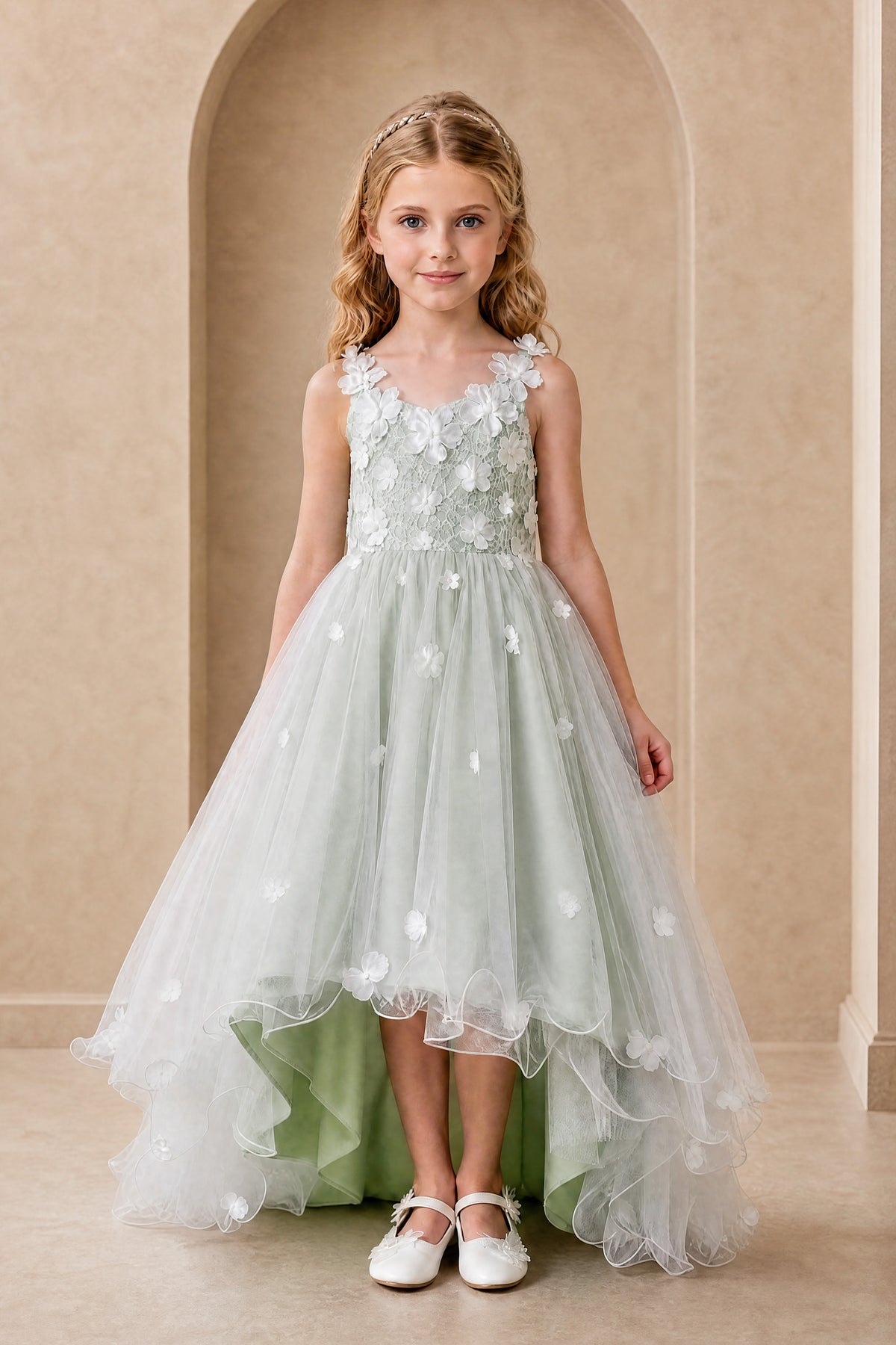 BOLODOO sage green flower girl dress with oversized back bow and covered back, back view
