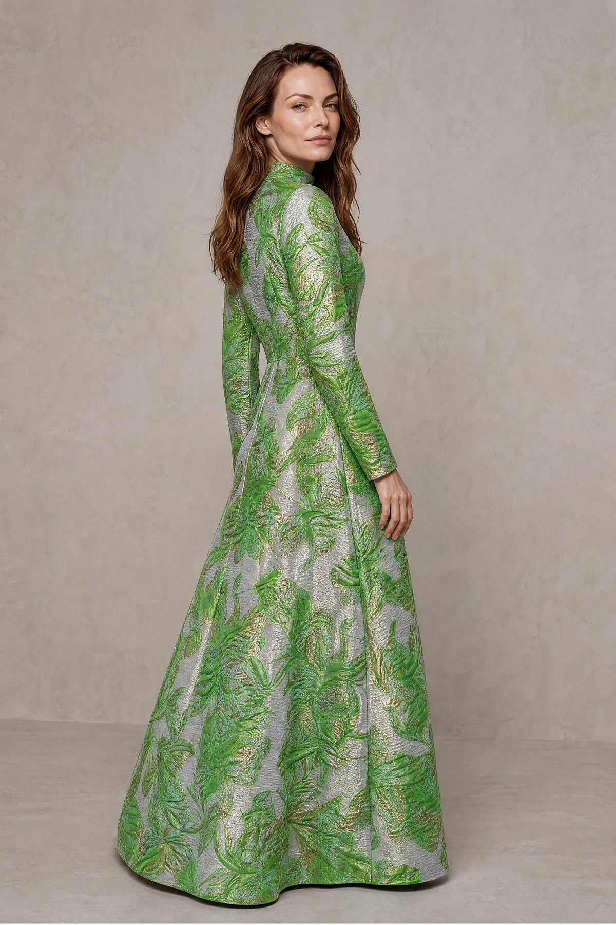 BOLODOO green botanical textured long-sleeve maxi dress side and covered-back view