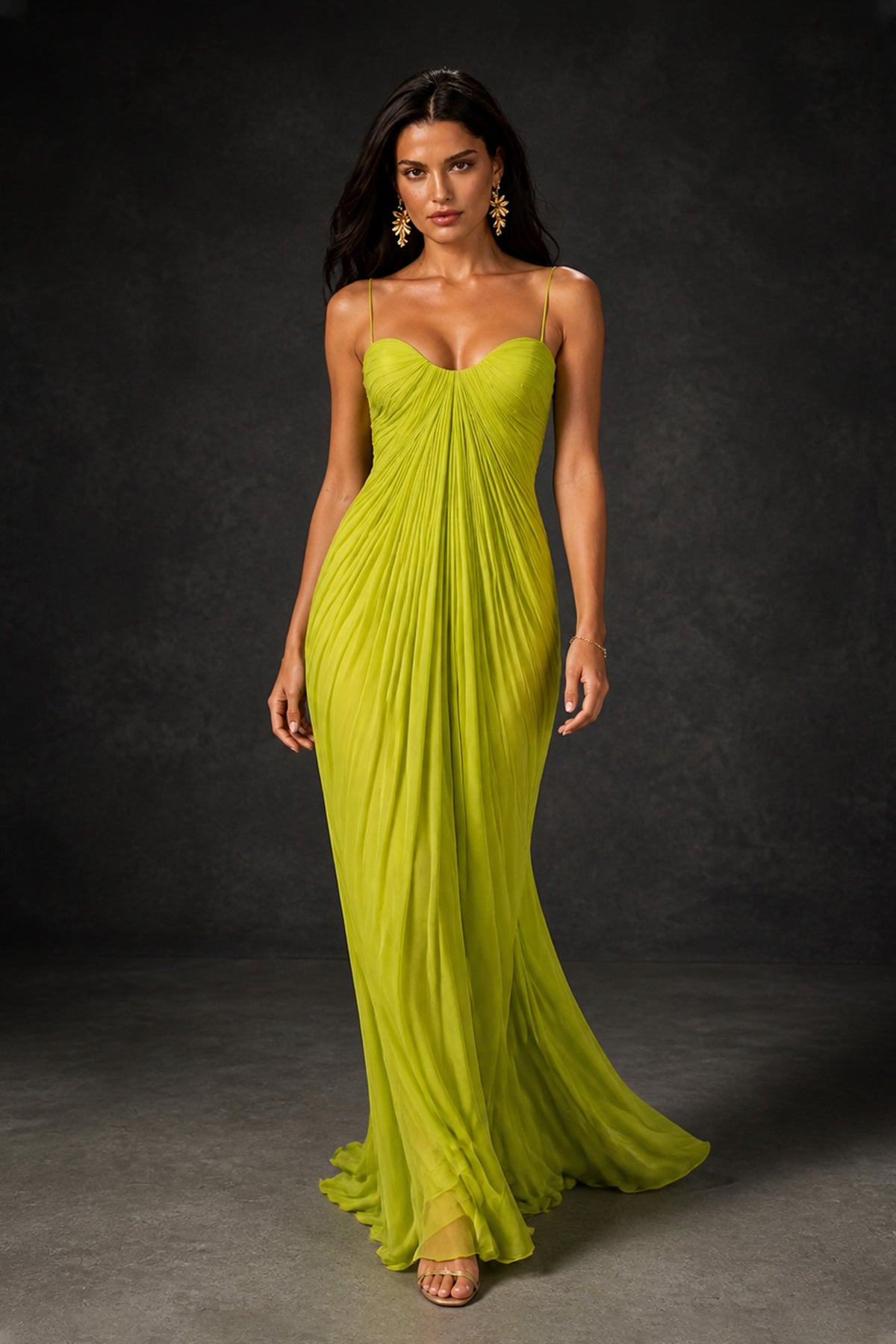 BOLODOO Chartreuse Pleated Chiffon Corset Maxi Gown - Side View