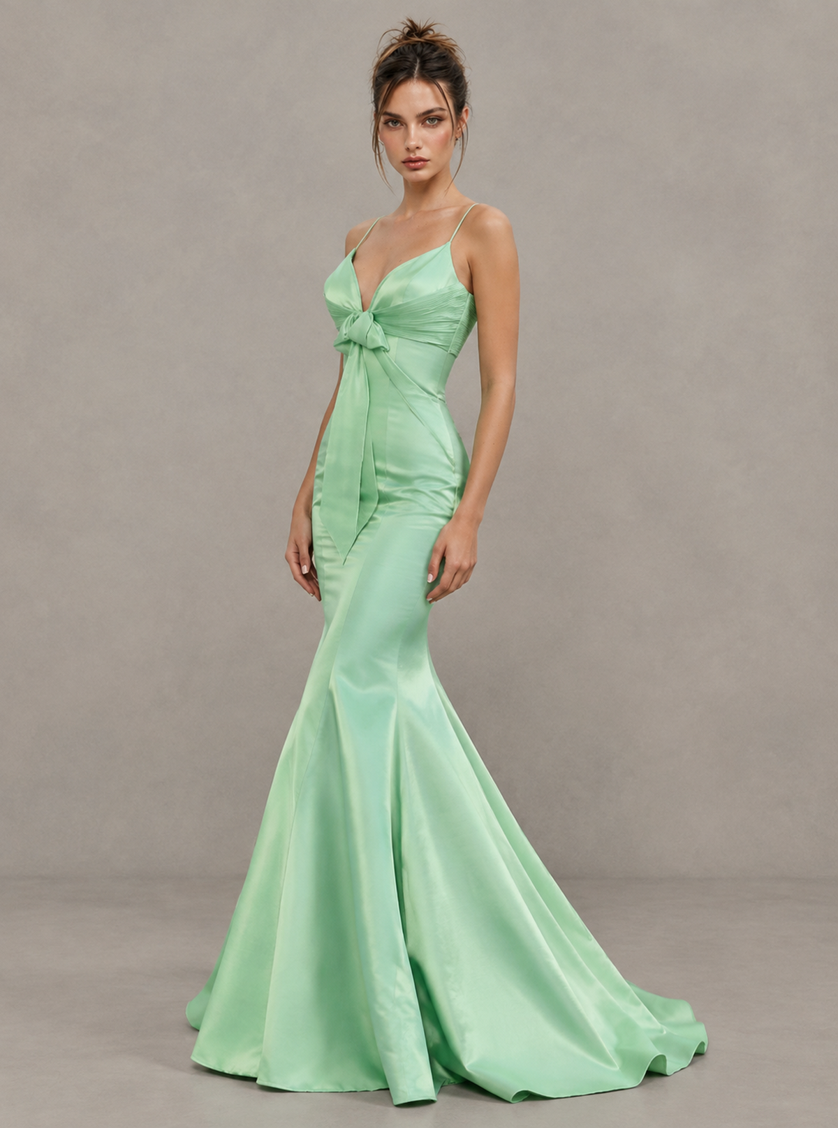 BOLODOO Mint Green Satin-Look Mermaid Prom Dress with Bow 