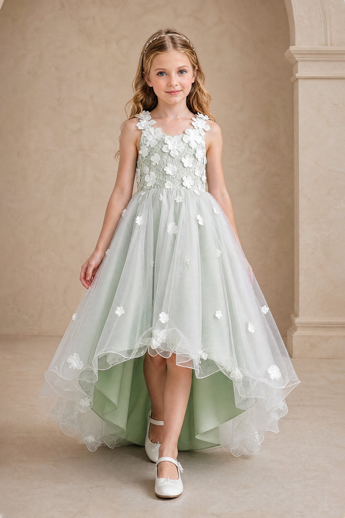 Sage green BOLODOO flower girl dress with sleeveless floral bodice and high-low tulle skirt, front view