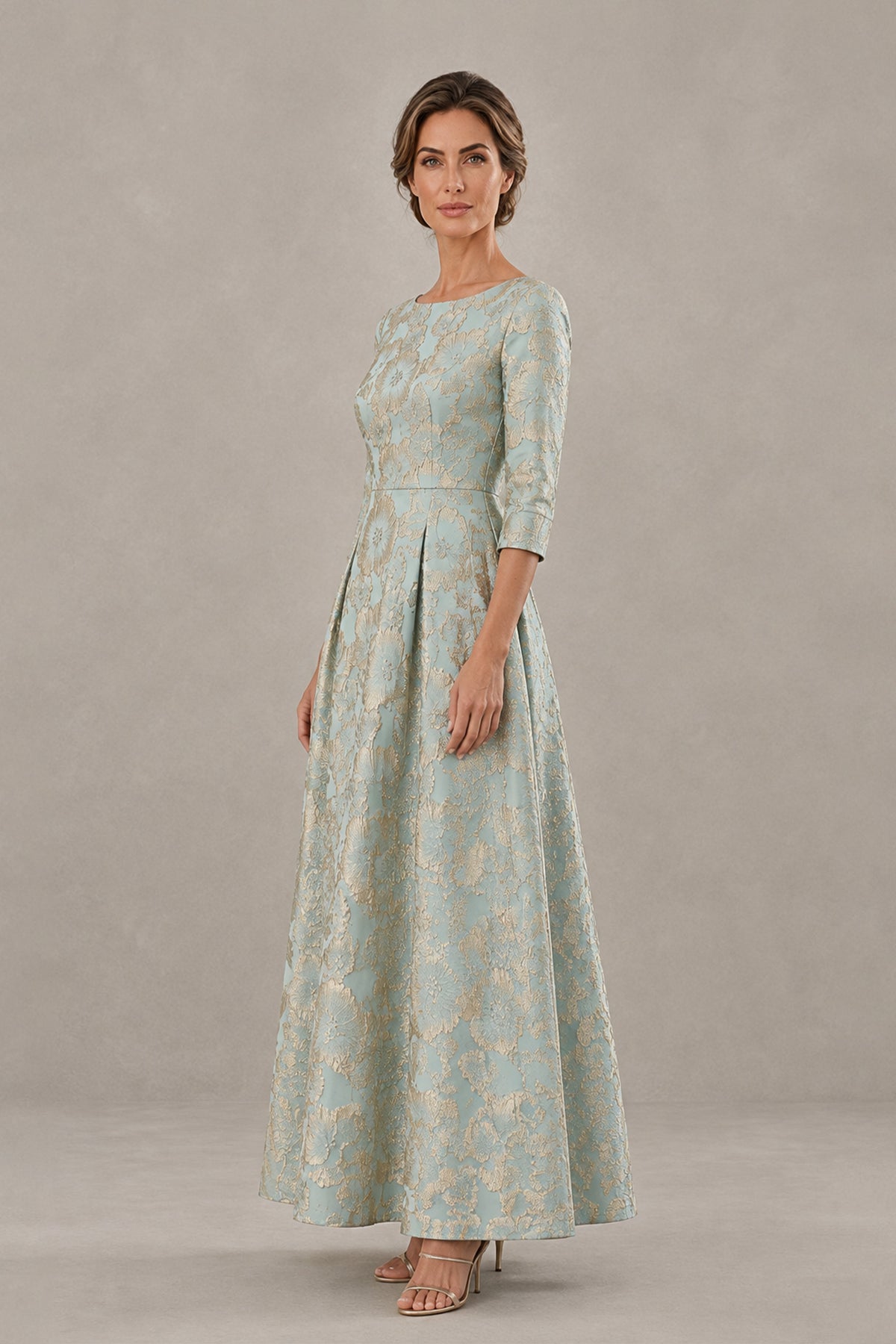 BOLODOO sage green floral jacquard A-line midi dress back view with covered back and three-quarter sleeves