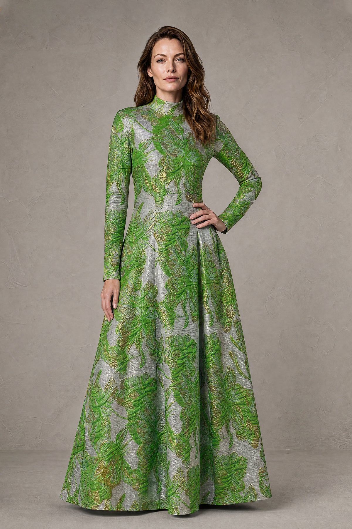 BOLODOO green botanical textured maxi dress three-quarter front view