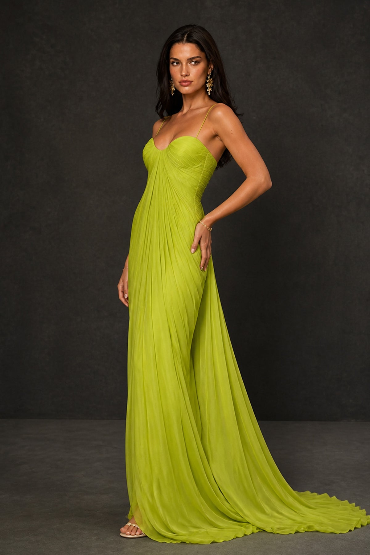 BOLODOO Chartreuse Pleated Chiffon Corset Maxi Gown - Lace-Up Open Back Detail