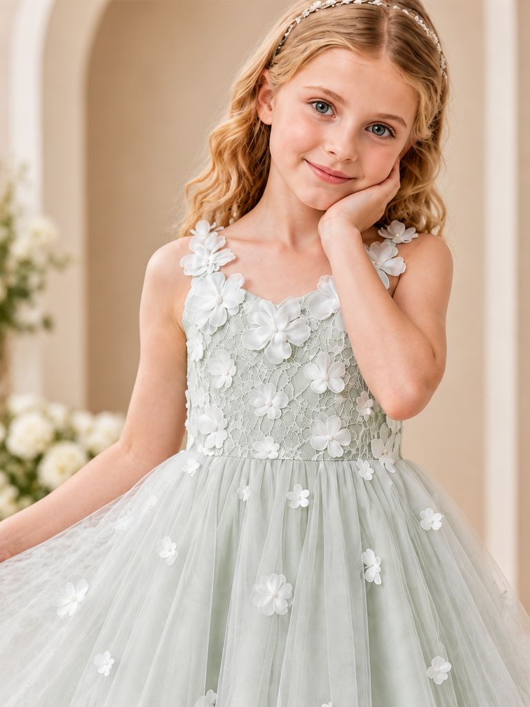 Close-up of BOLODOO sage green flower girl dress with floral appliqué bodice and tulle skirt