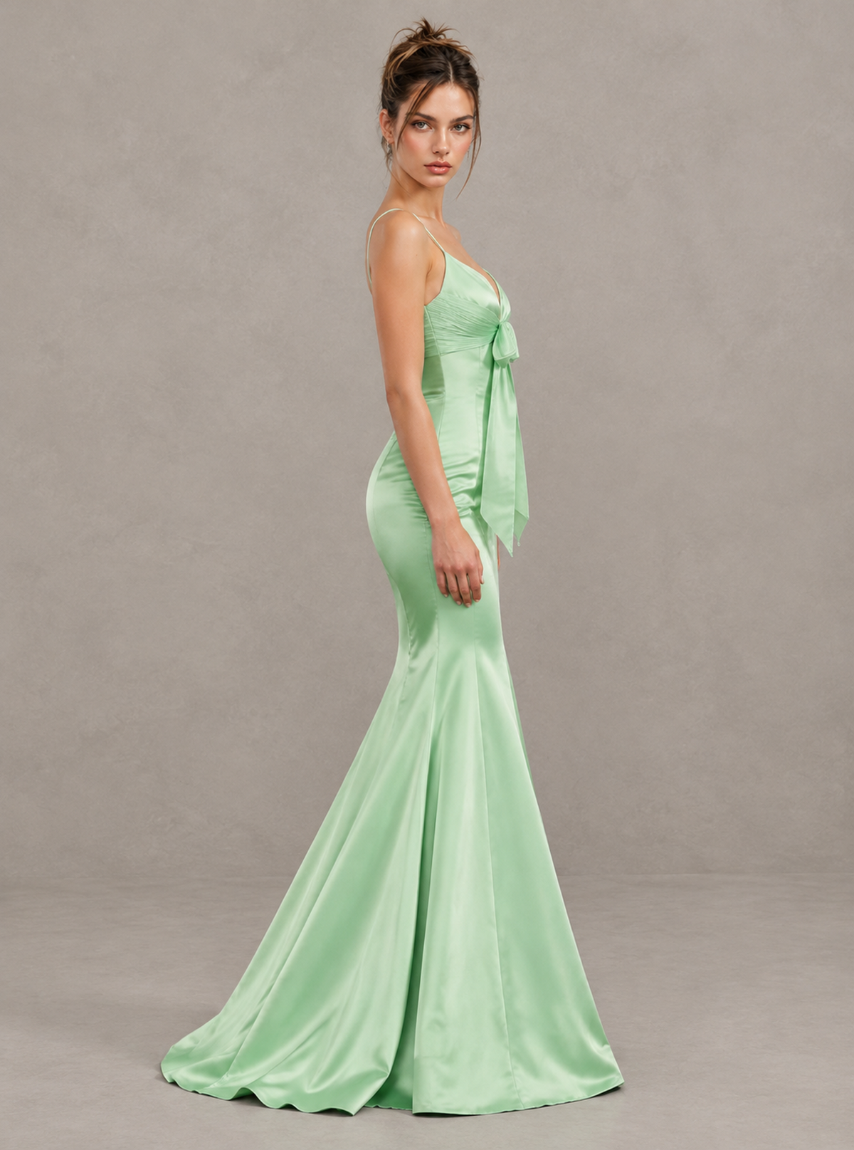 BOLODOO Mint Green Satin-Look Mermaid Prom Dress with Bow 