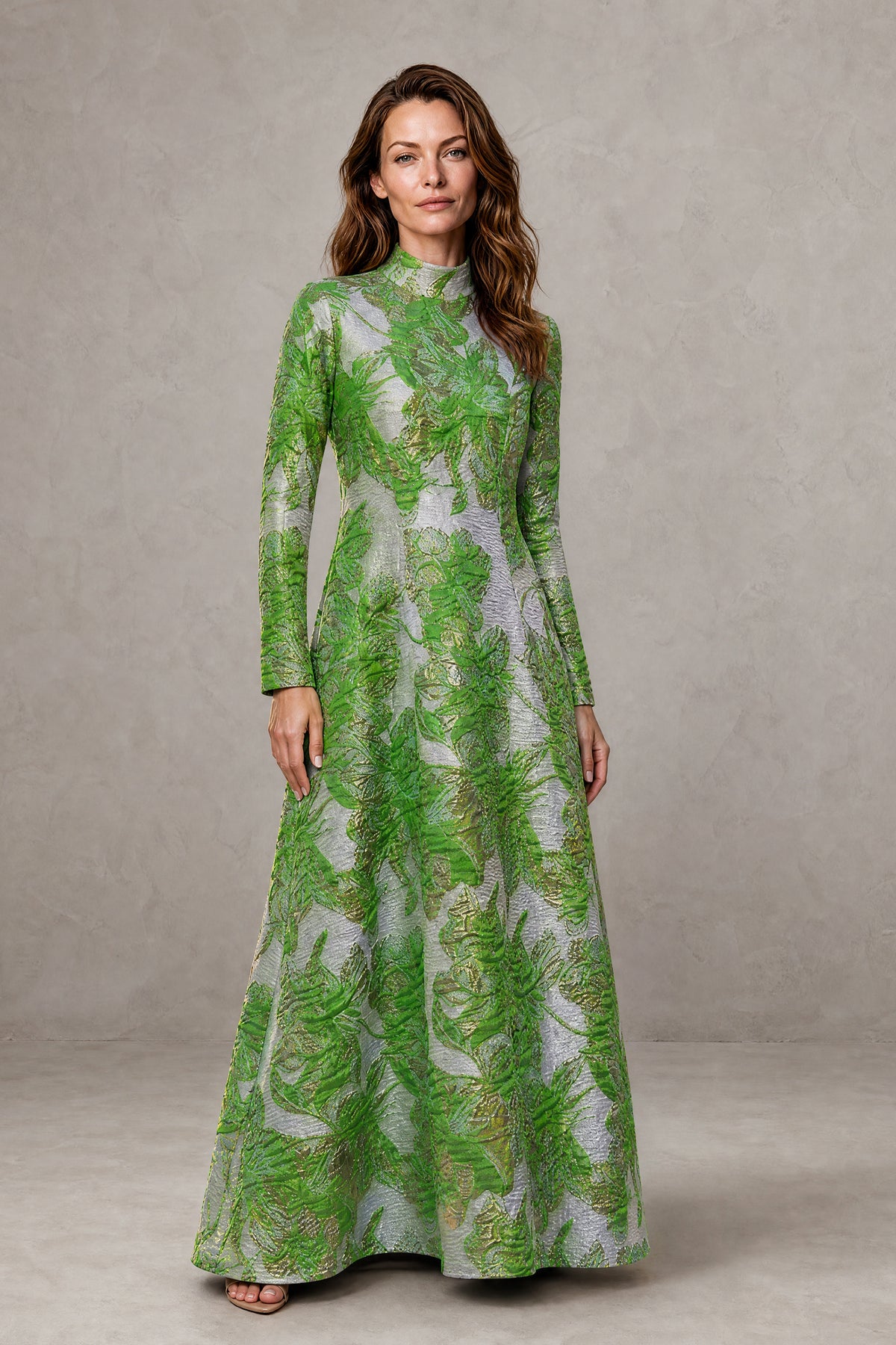 BOLODOO green botanical textured high-neck maxi dress alternate front view