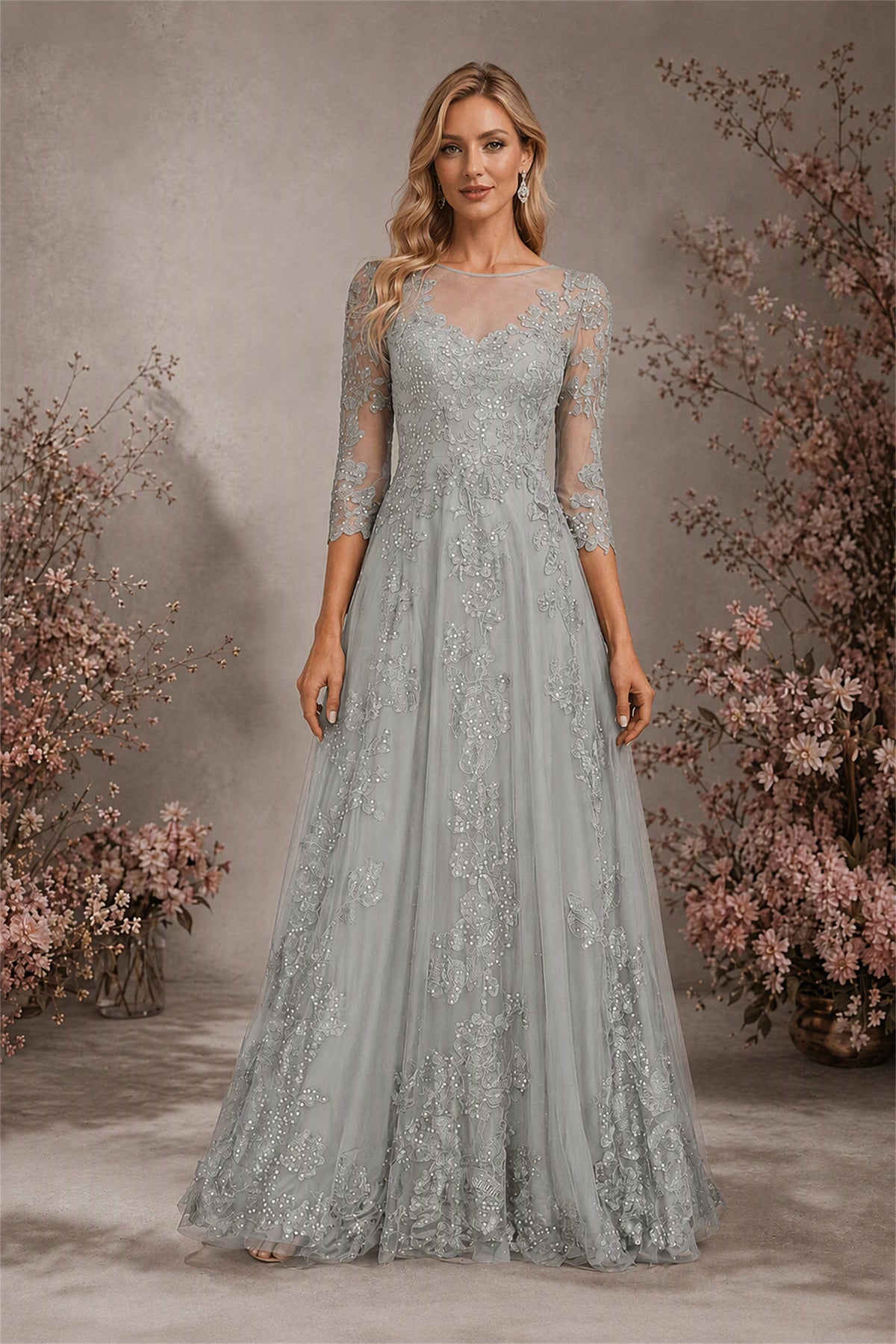 BOLODOO Grey Sequin Lace 3/4 Sleeve Open Back Formal Evening Gown - Grey