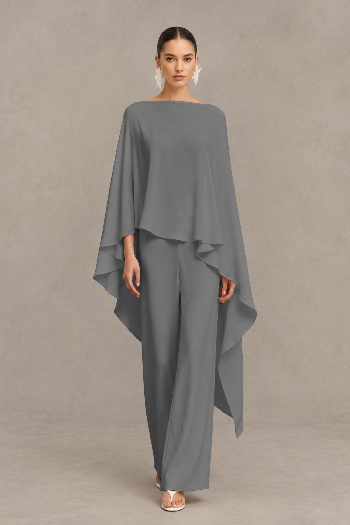 BOLODOO Grey Cape Sleeve Wide-Leg Formal Pantsuit - Grey - Grey_01