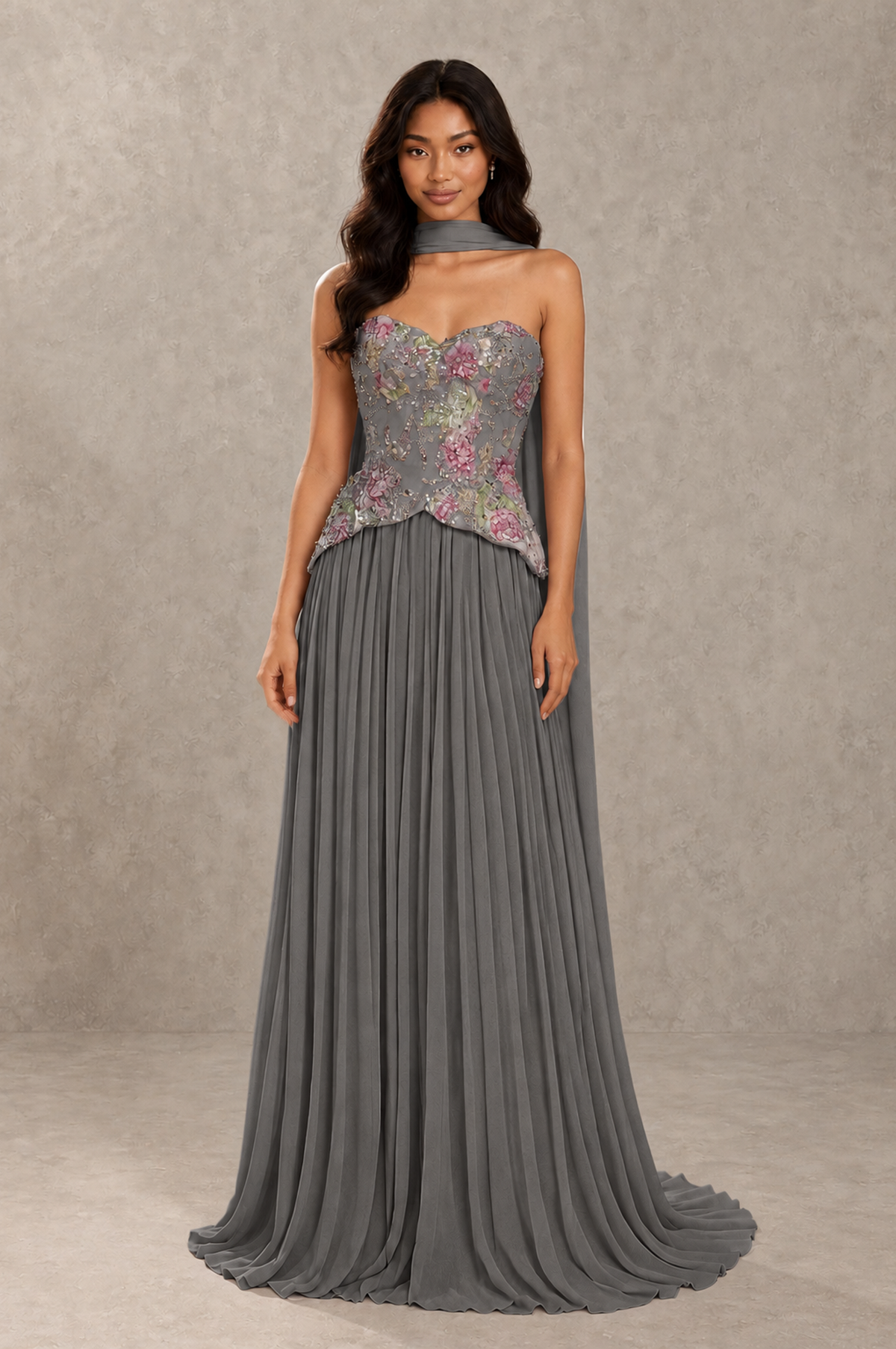 BOLODOO Grey Strapless Beaded Floral Corset Chiffon Maxi Gown – Open Back Prom & Formal Evening Dress - Grey - Grey_01