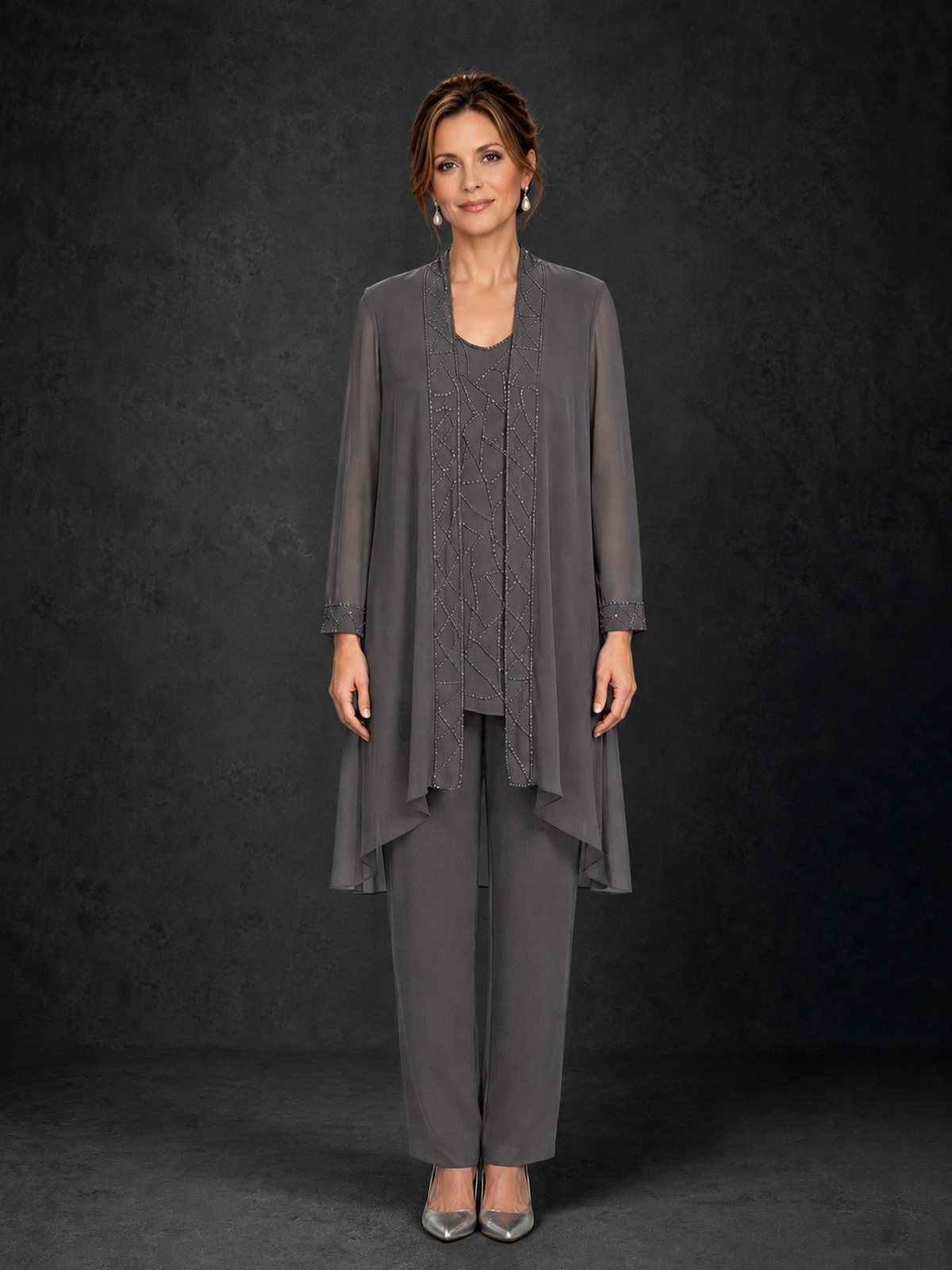 BOLODOO Grey 3-Piece Beaded Chiffon Duster Jacket Pant Suit - Grey - Grey_01