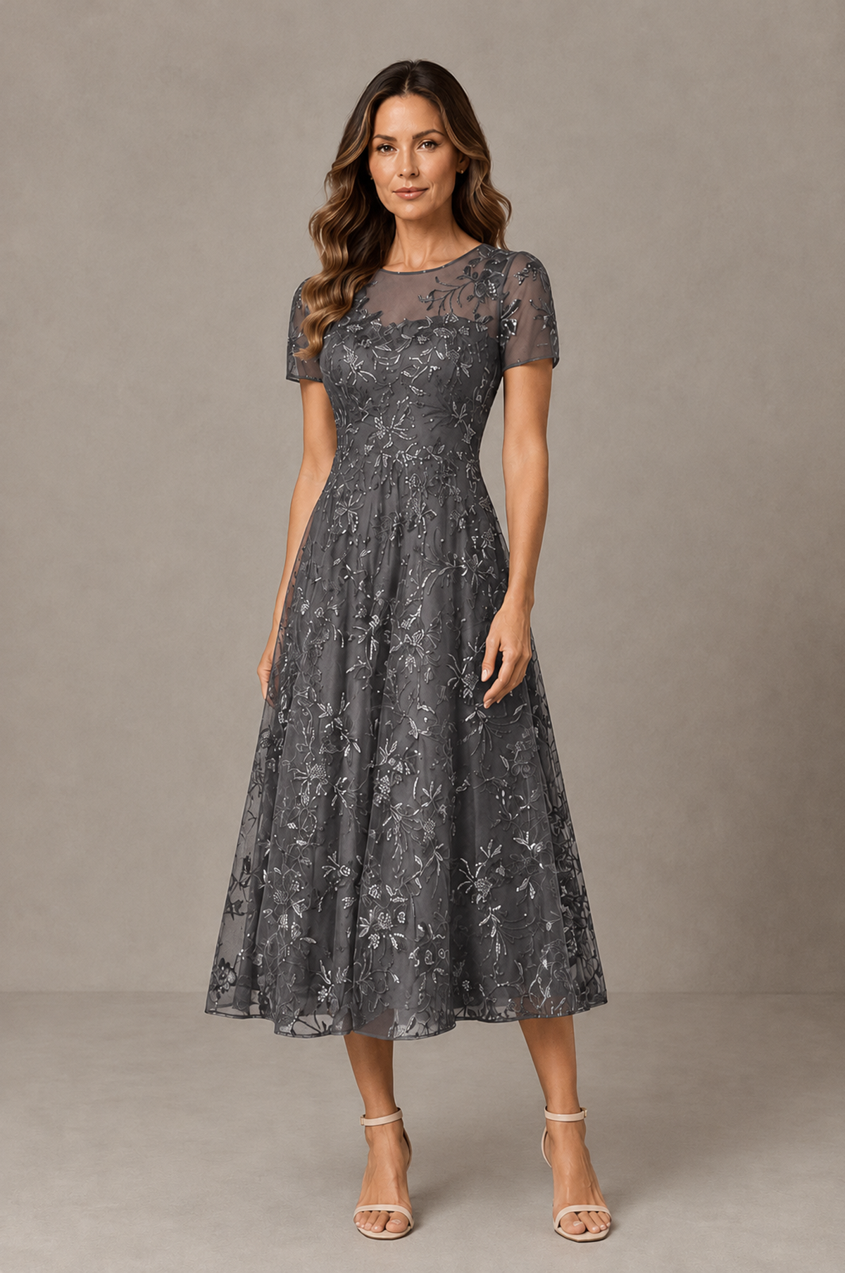 BOLODOO Grey Textured Floral A-Line Dress with Short Sleeves - Grey - Grey_01
