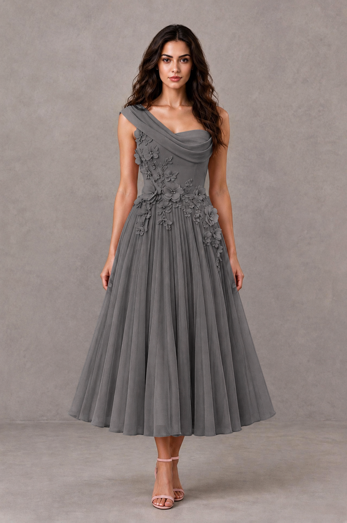 BOLODOO Grey One-Shoulder Floral Tulle Tea-Length Dress - Grey - Grey_01