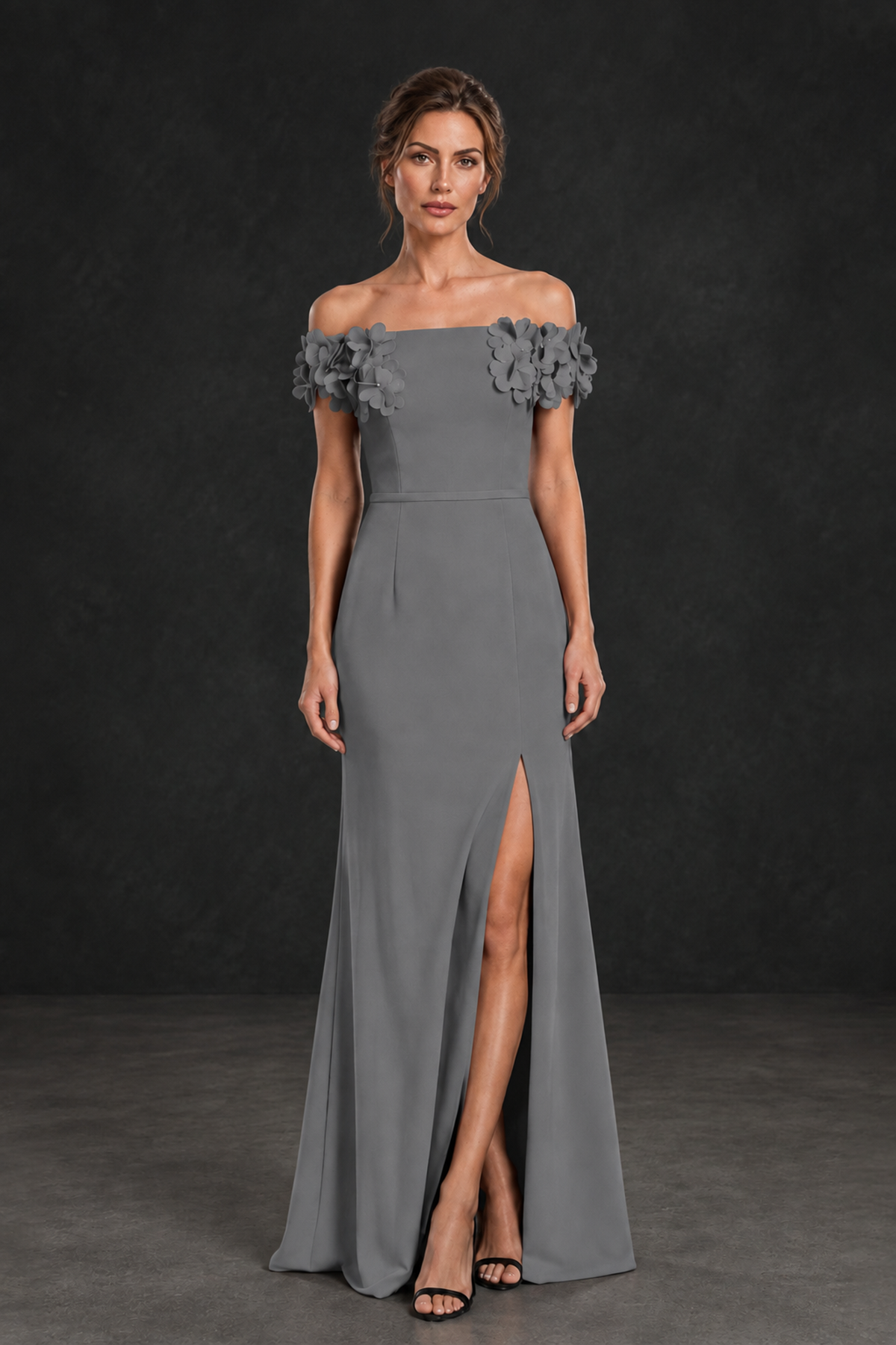 BOLODOO Grey Off-the-Shoulder Mother of the Bride Dress with Floral Appliques - Grey - Grey_01