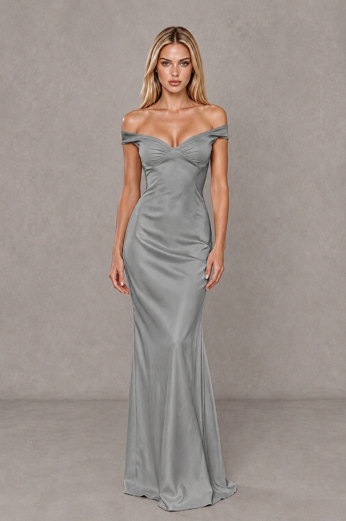 BOLODOO Grey Off-Shoulder Open-Back Satin Evening Gown - Grey - Grey_01