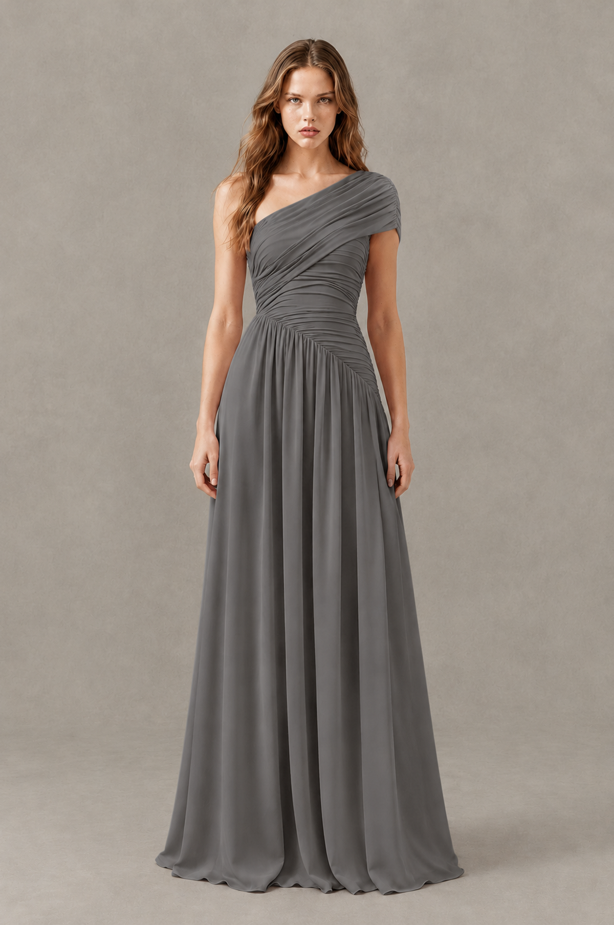 BOLODOO Grey One-Shoulder Ruched Floor-Length Bridesmaid Dress - Grey - Grey_01