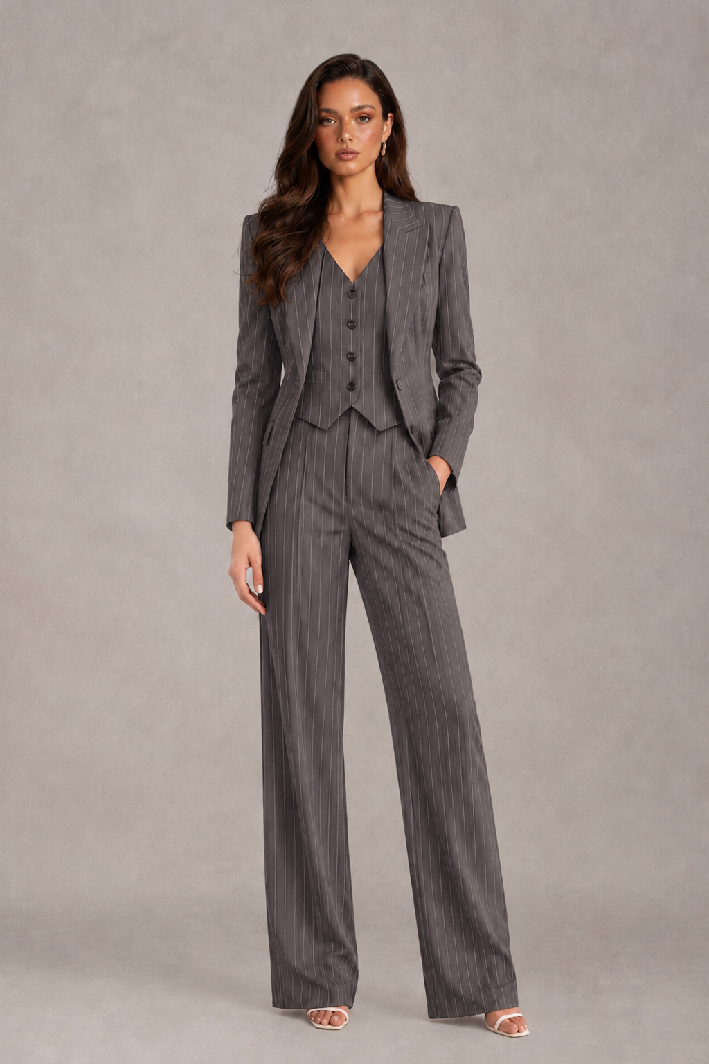 BOLODOO Women's Grey Pinstripe Three-Piece Pantsuit with Wide-Leg Trousers - Grey - Grey_01