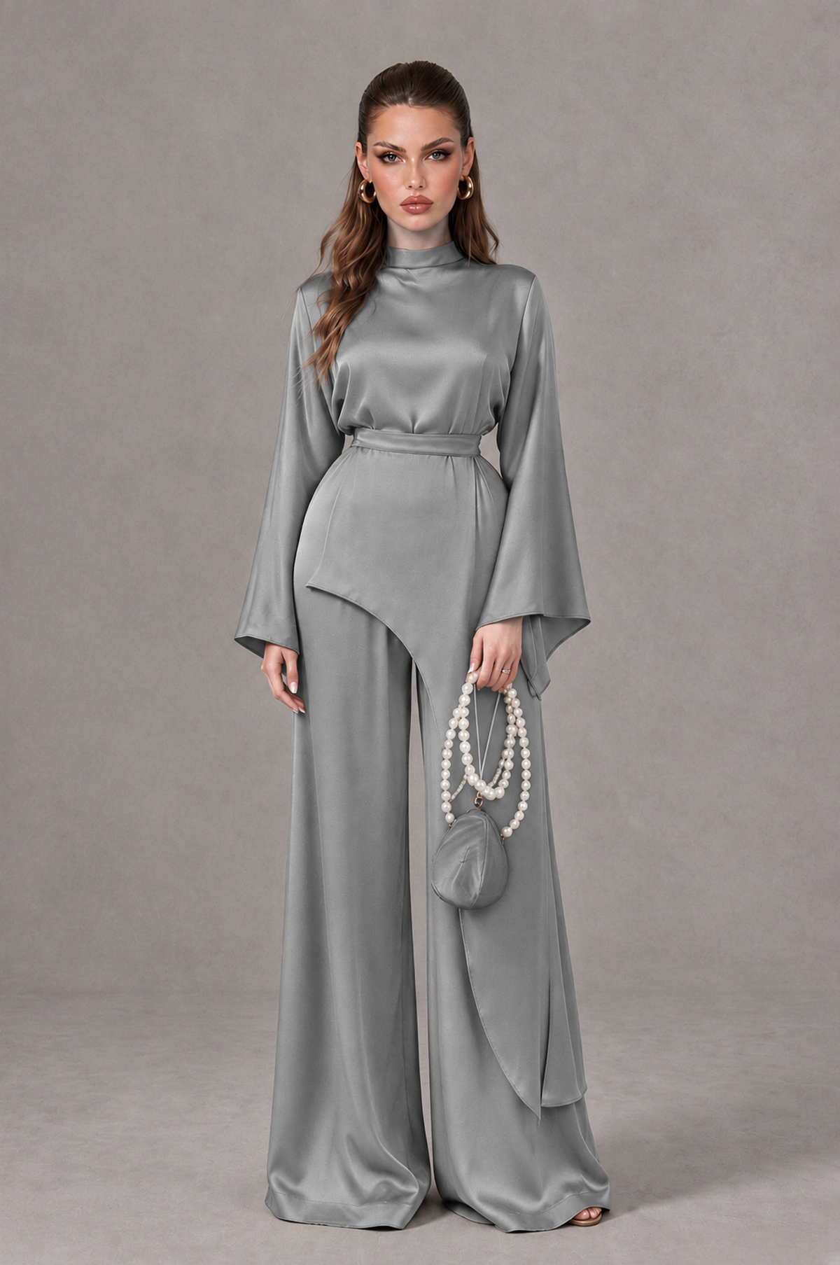 BOLODOO Grey Satin-Look Long Sleeve Wide-Leg Jumpsuit - Grey - Grey_01