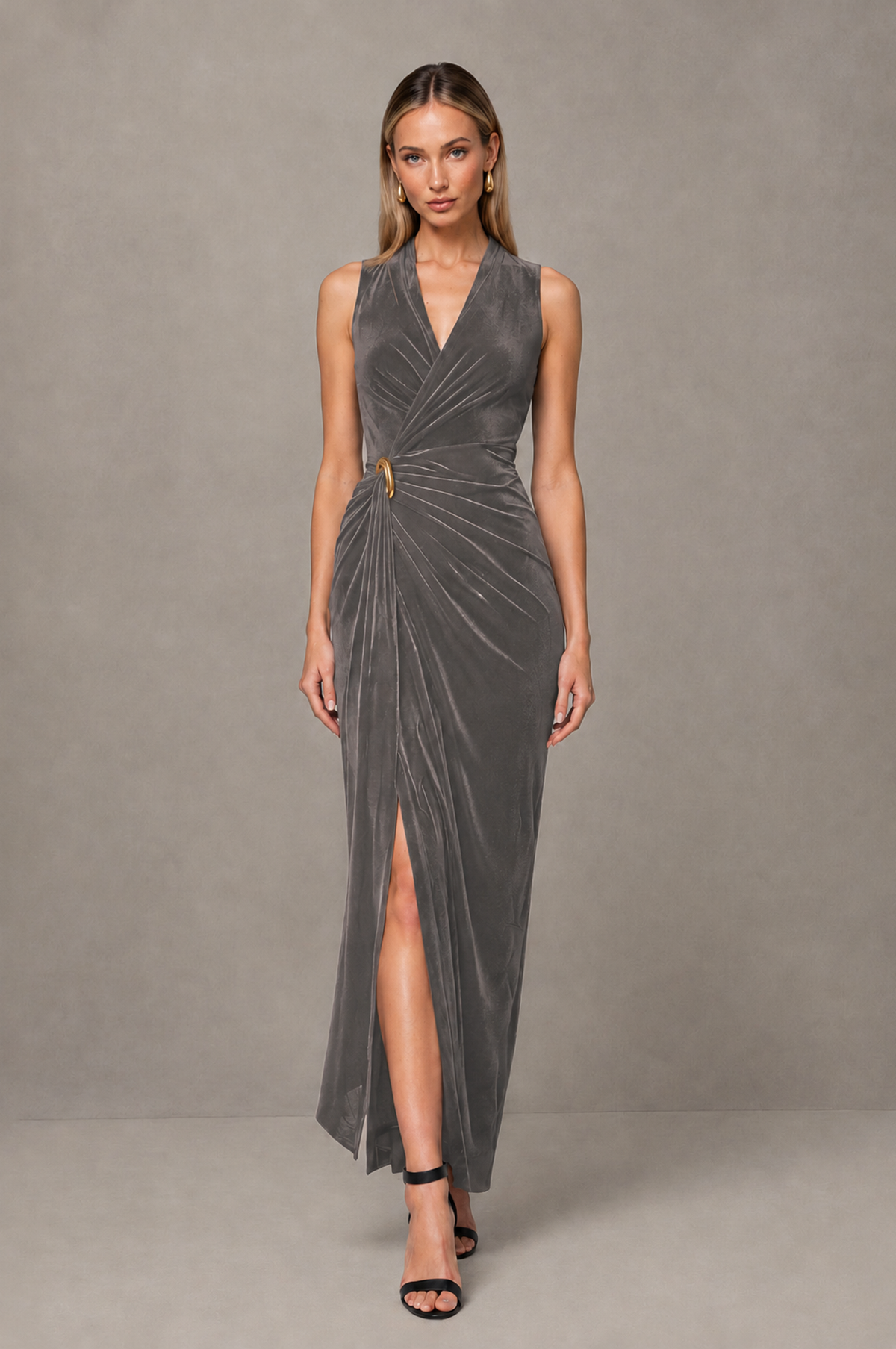BOLODOO Grey Velvet-Look Sleeveless V-Neck Ruched Slit Maxi Dress - Grey - Grey_01