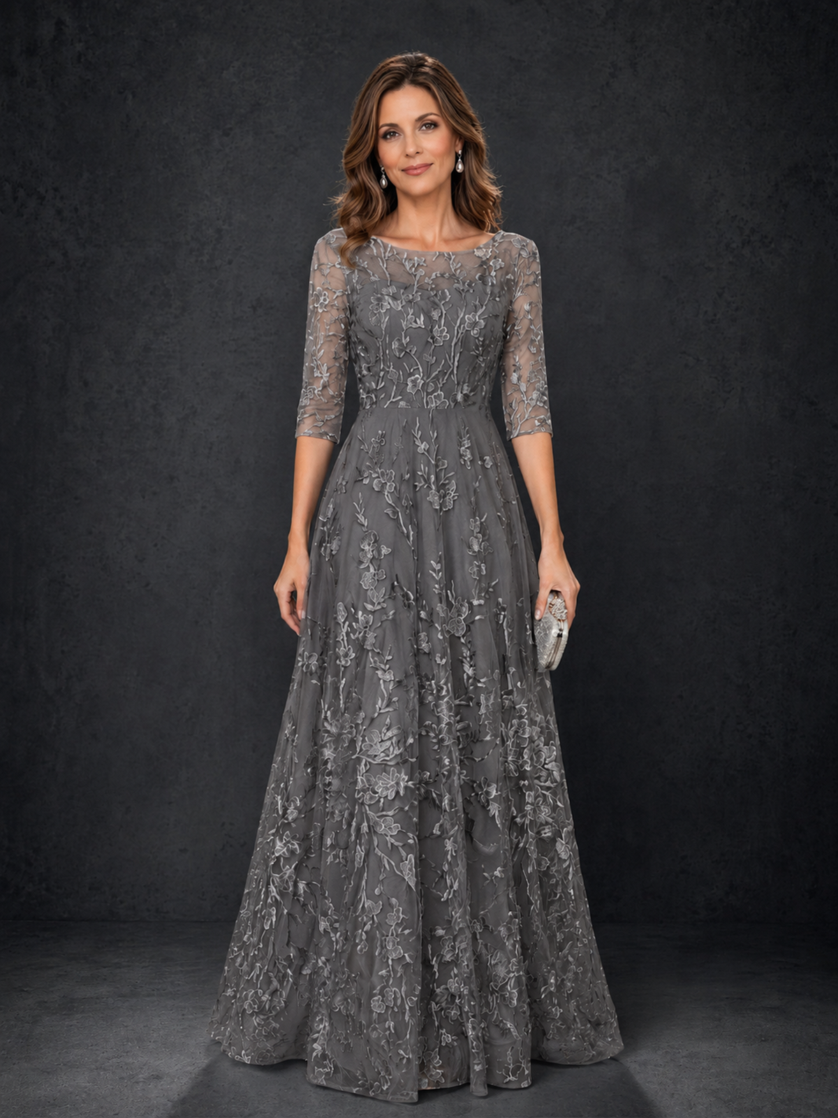 BOLODOO Grey Illusion Bateau Neck 3/4 Sleeve Floral Lace A-Line Mother of the Bride Dress MX007 - Grey - Grey_01