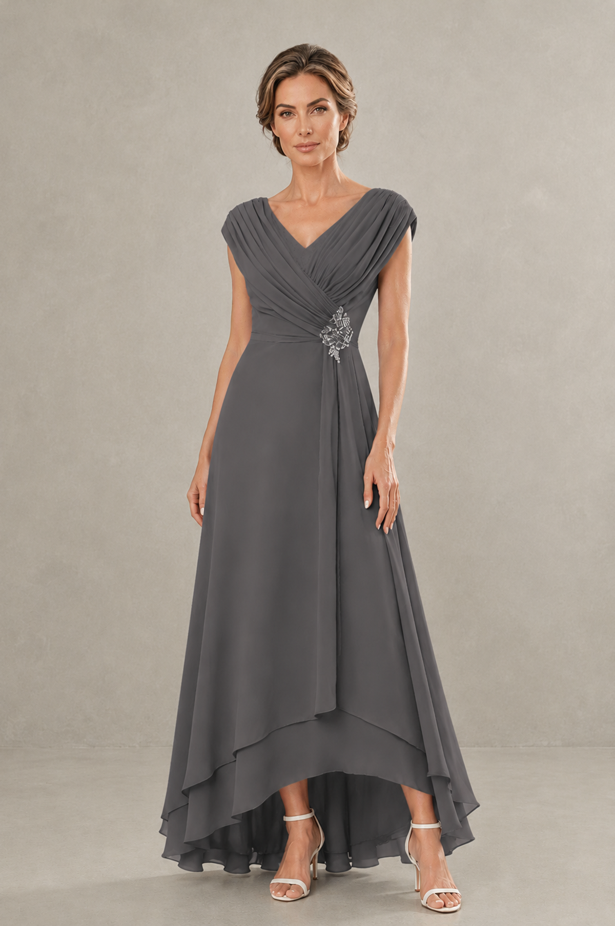 BOLODOO Grey V-Neck High-Low Mother of the Bride Dress - Grey - Grey_01