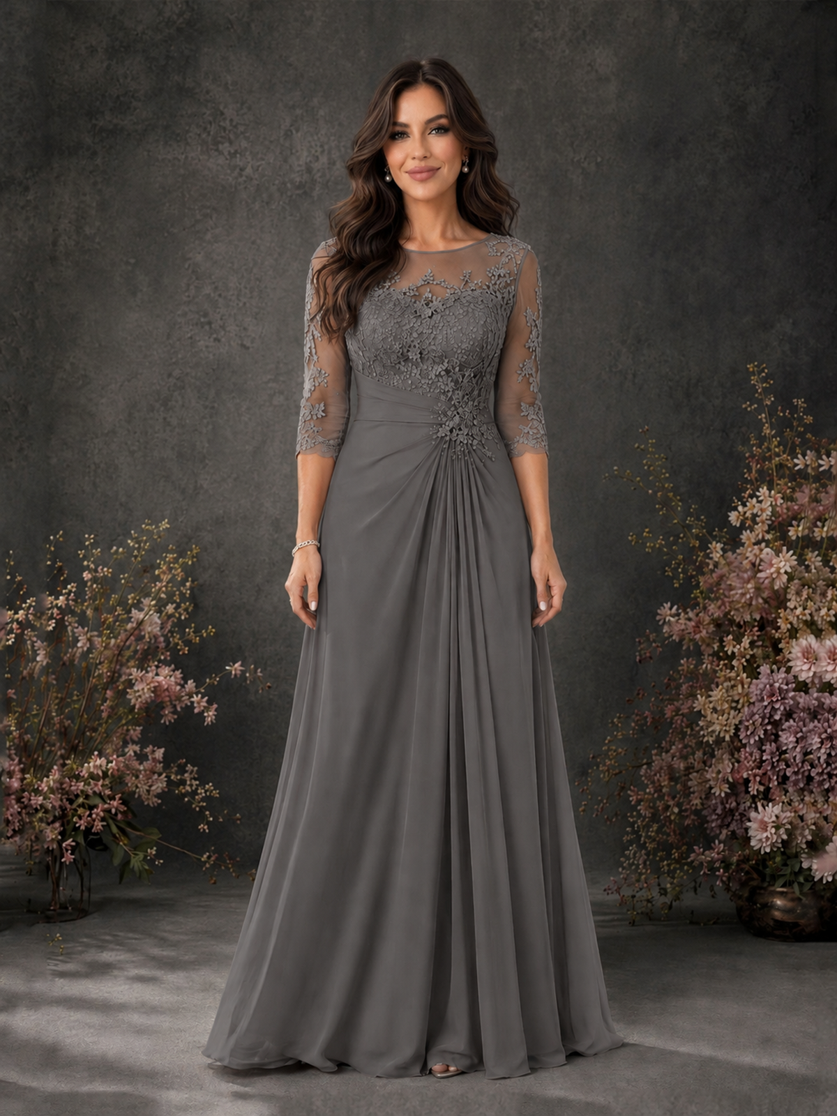 BOLODOO Grey Chiffon Lace Illusion Neckline 3/4 Sleeve Floor Length Formal Gown - Grey - Grey_01