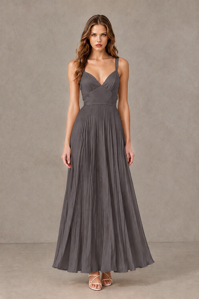 BOLODOO Grey V-Neck Pleated Open-Back Maxi Dress - Grey - Grey_01