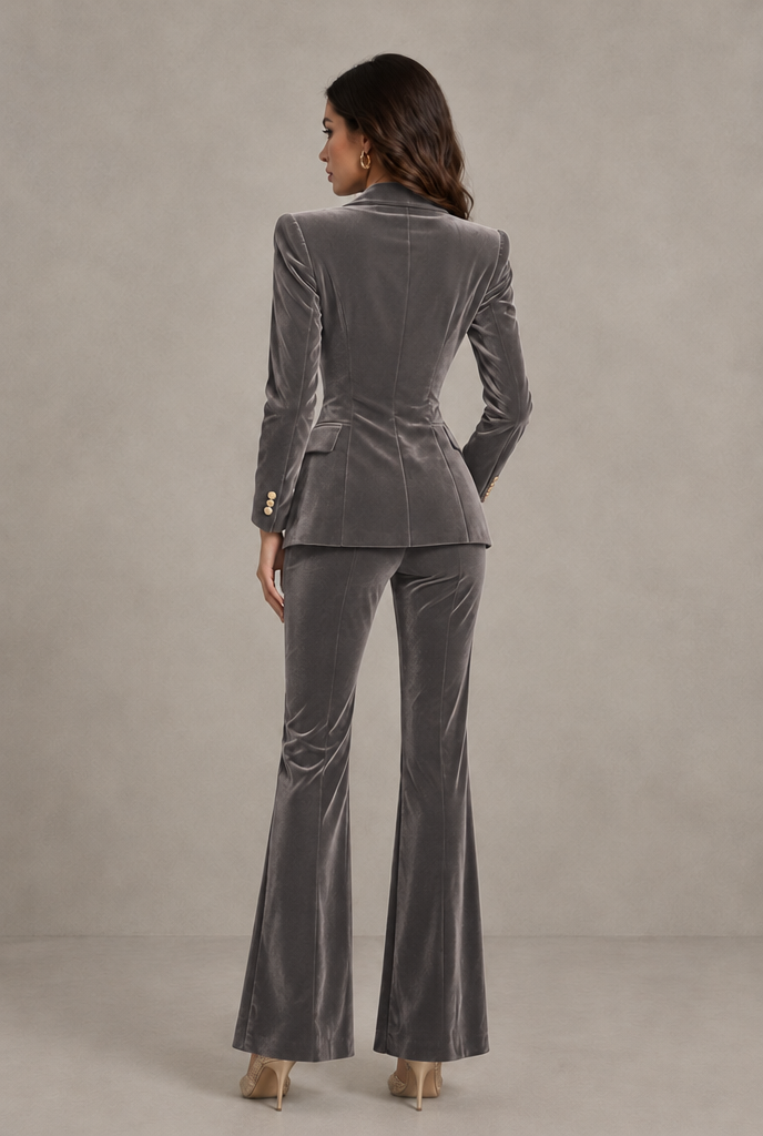 BOLODOO Grey Velvet Double-Breasted Blazer & Pants Two-Piece Suit - Grey - Grey_02