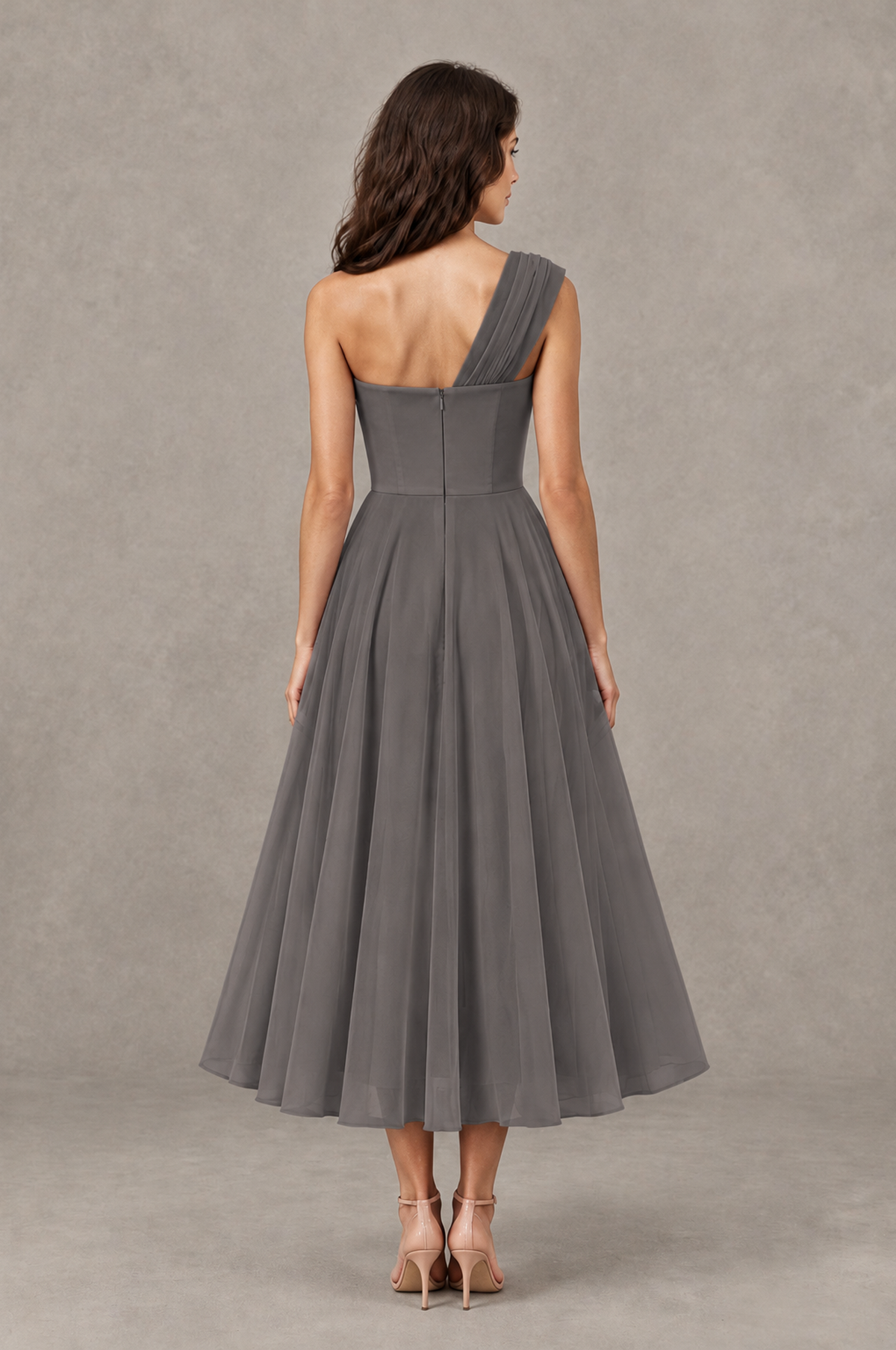 BOLODOO Grey One-Shoulder Floral Tulle Tea-Length Dress - Grey - Grey_02