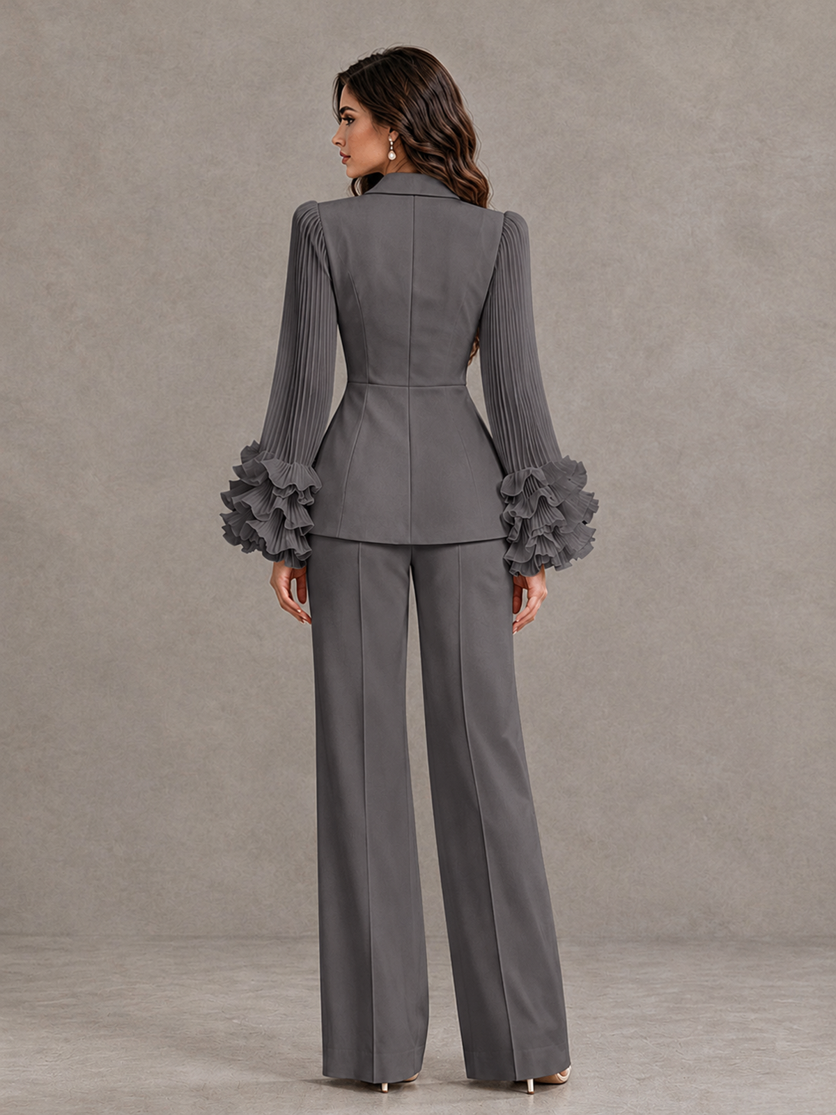 BOLODOO Grey Mother of the Bride Pant Suit – Pleated Long Sleeve Ruffle Cuff Wide Leg Trouser Suit - Grey - Grey_02