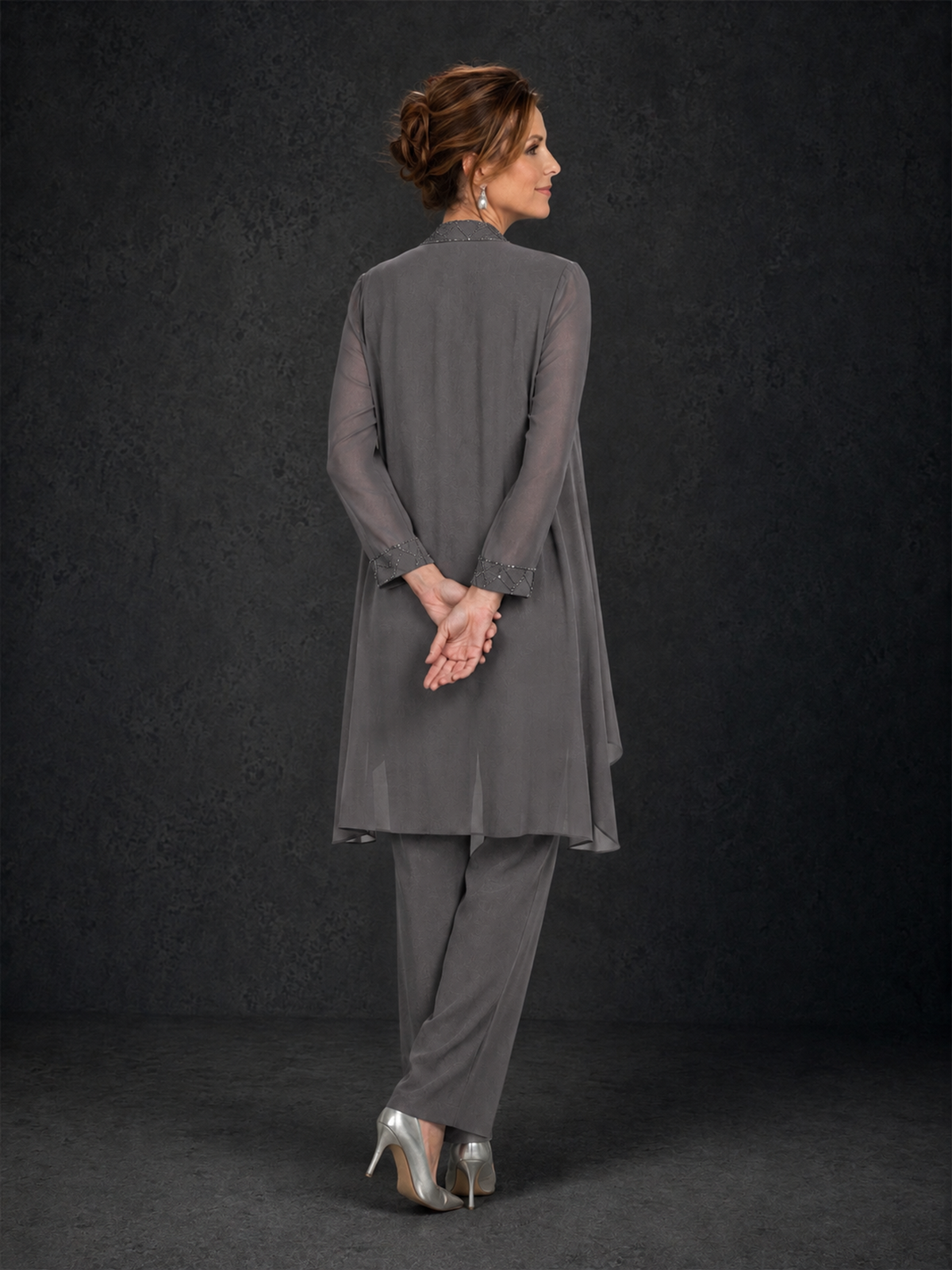 BOLODOO Grey 3-Piece Beaded Chiffon Duster Jacket Pant Suit - Grey - Grey_02
