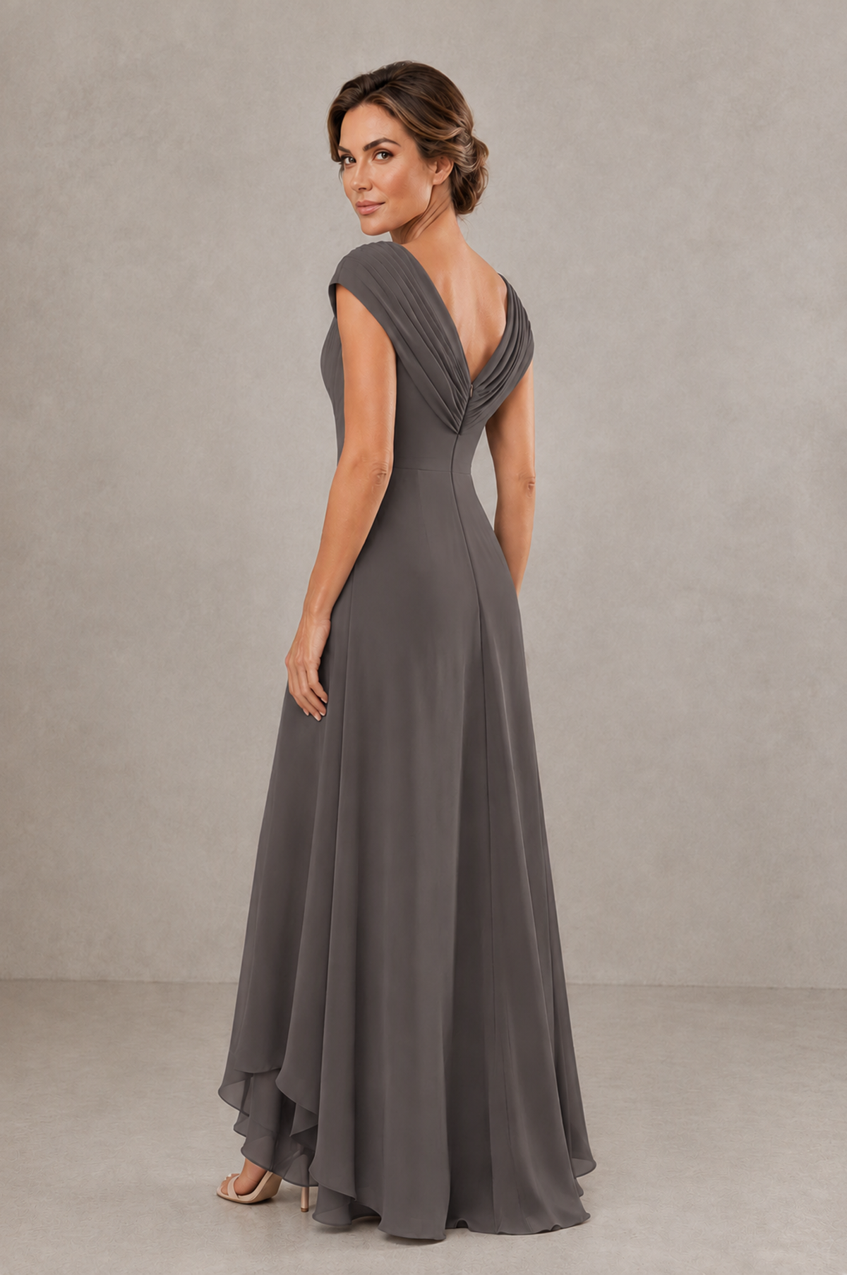 BOLODOO Grey V-Neck High-Low Mother of the Bride Dress - Grey - Grey_02